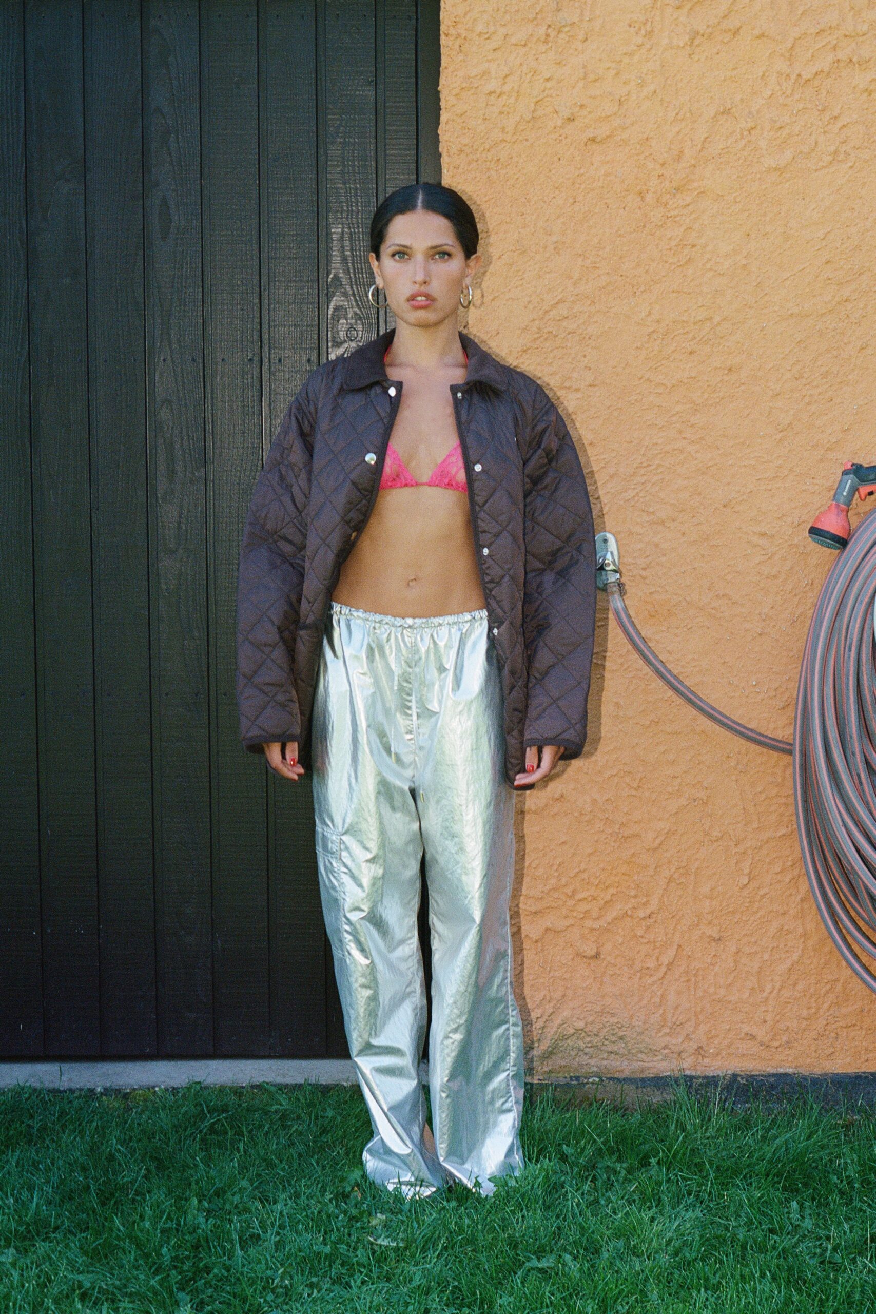 gray vinyl relaxed wide-leg shiny pants