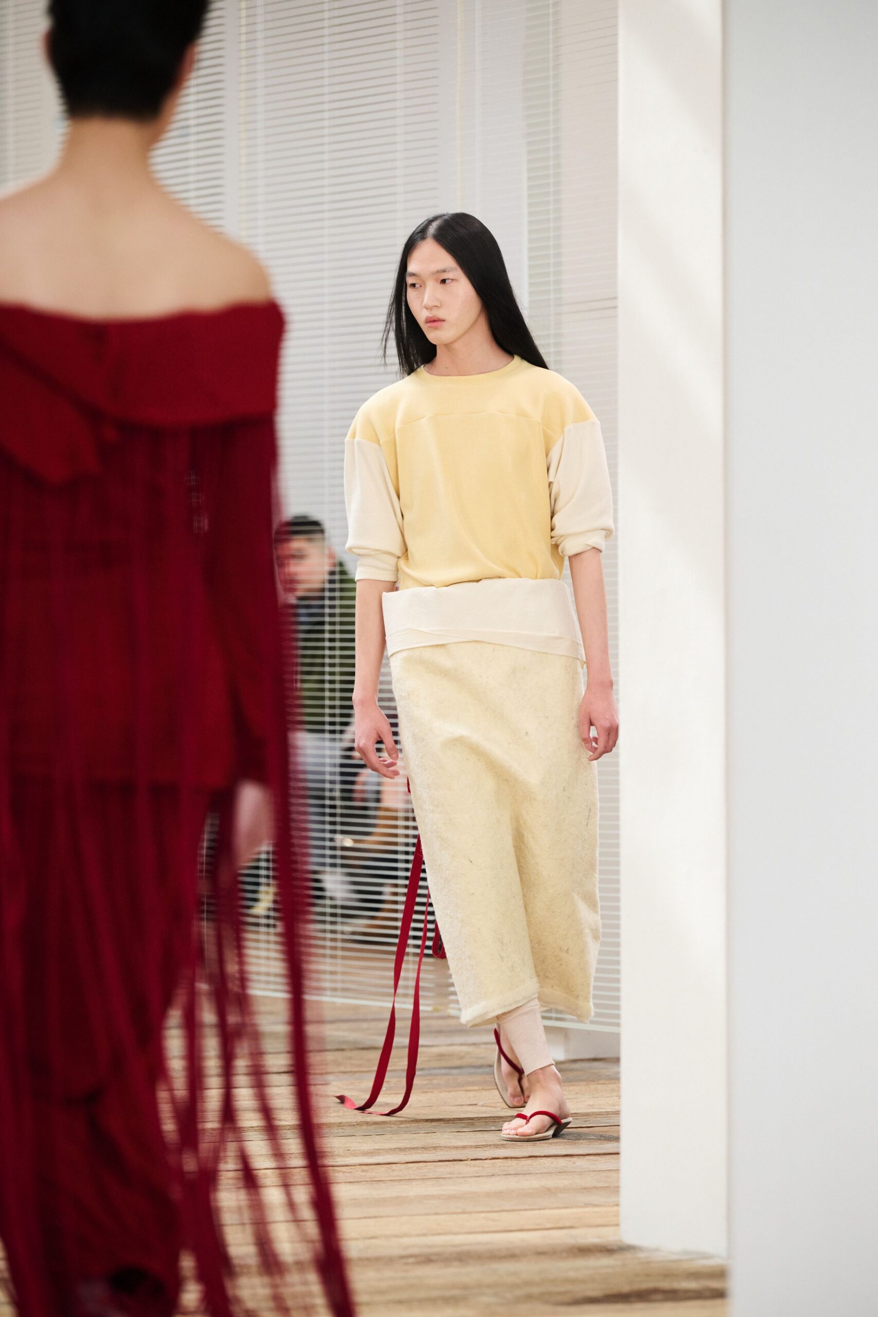 yellow relaxed top beige skirt
