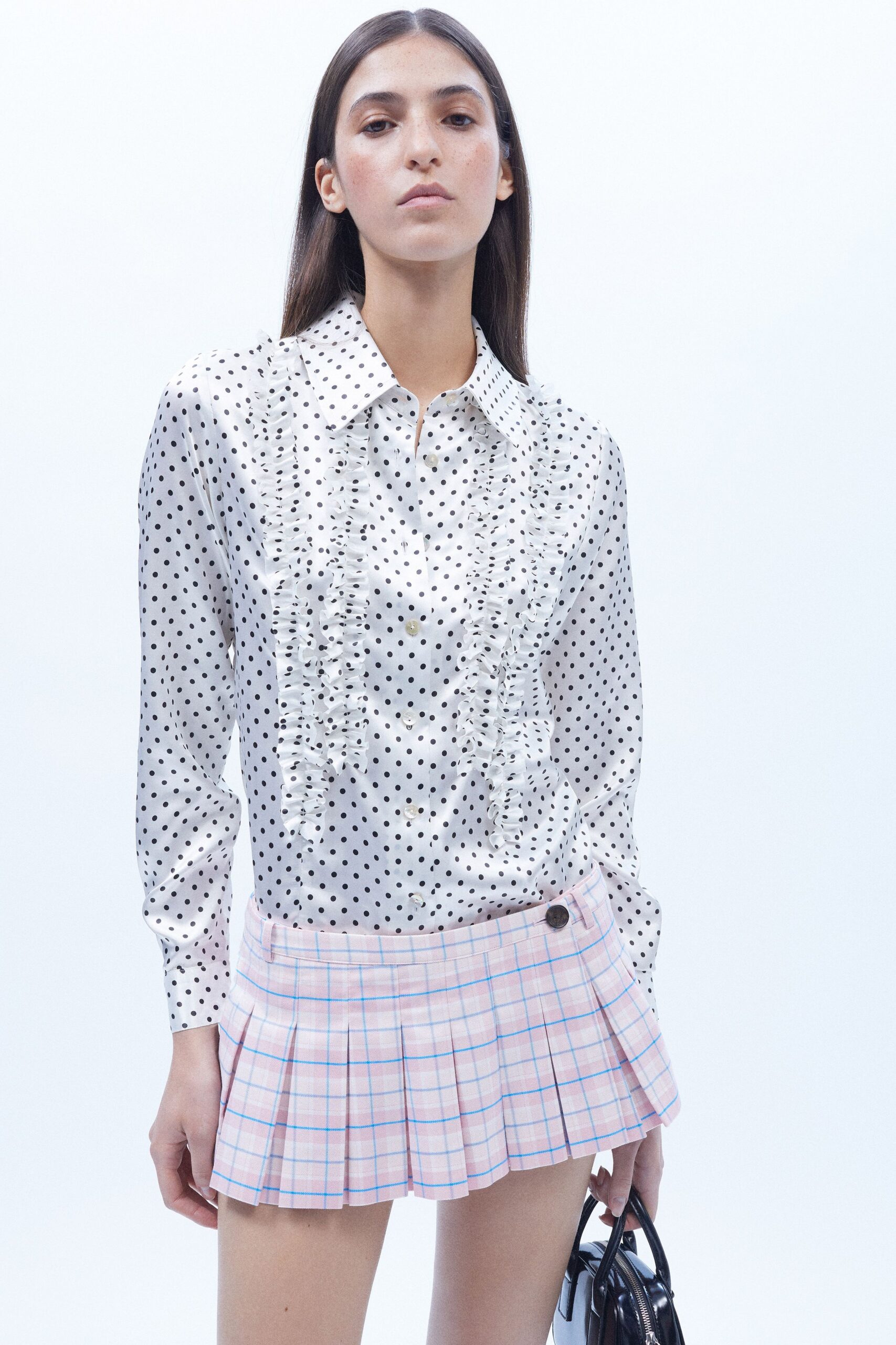 white silk long-sleeve collared fitted pleated polka-dot shirt