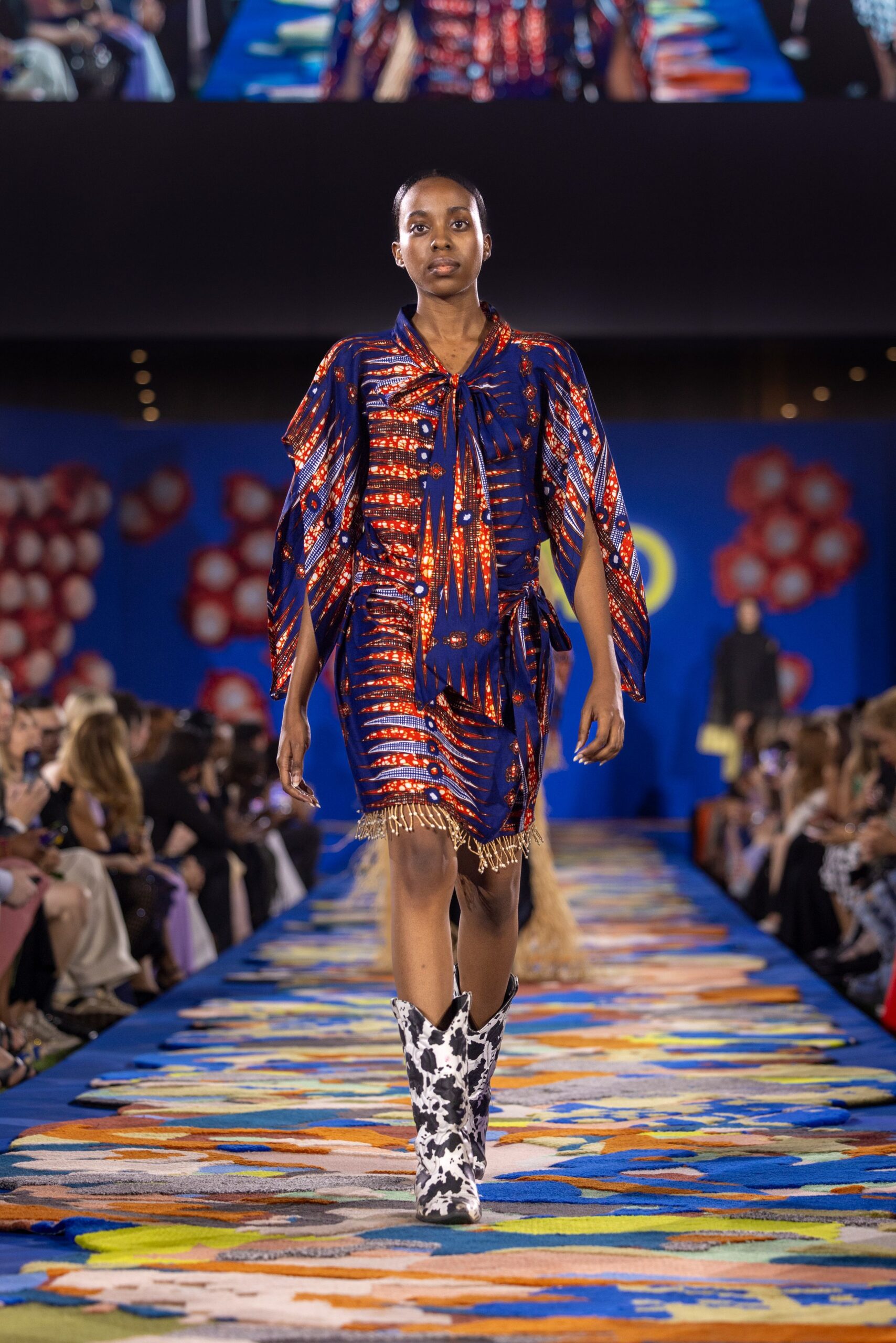 blue printed mini dress with fringed detail