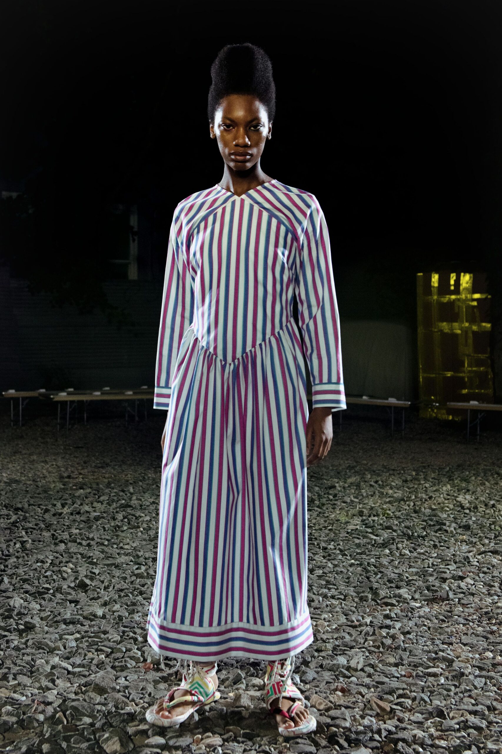white cotton long-sleeve v-neck relaxed striped belted dress