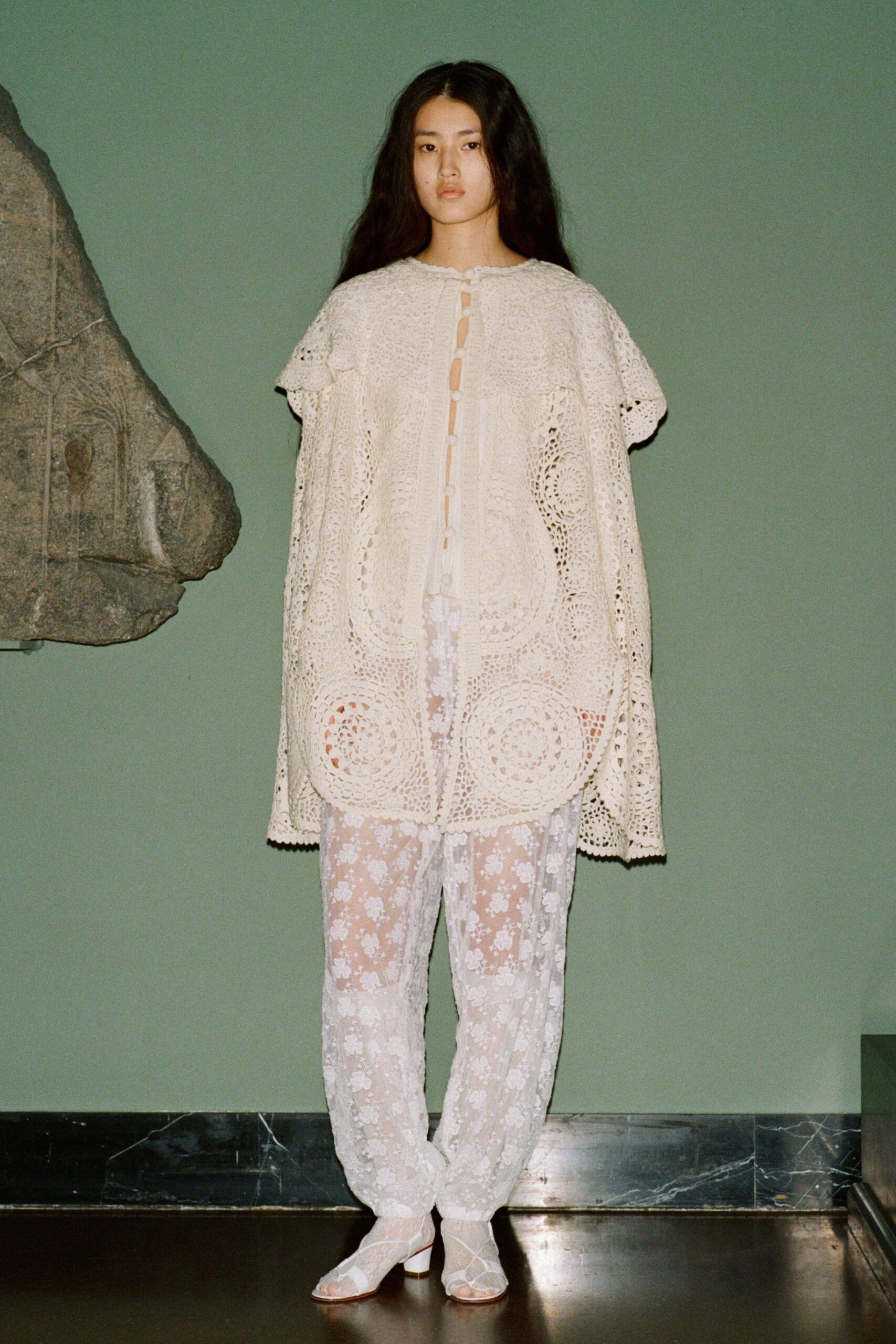 white lace long-sleeve fitted flared pants
