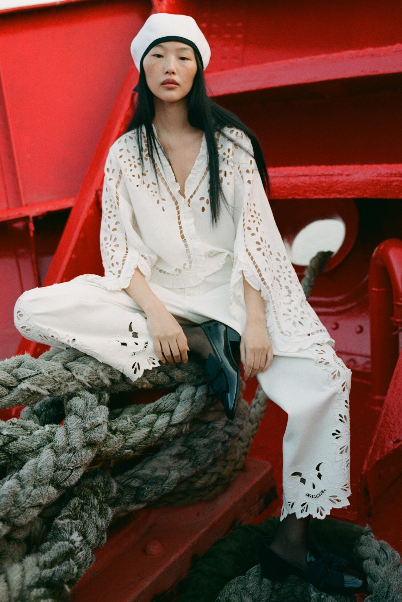 white embroidered blouse and pants