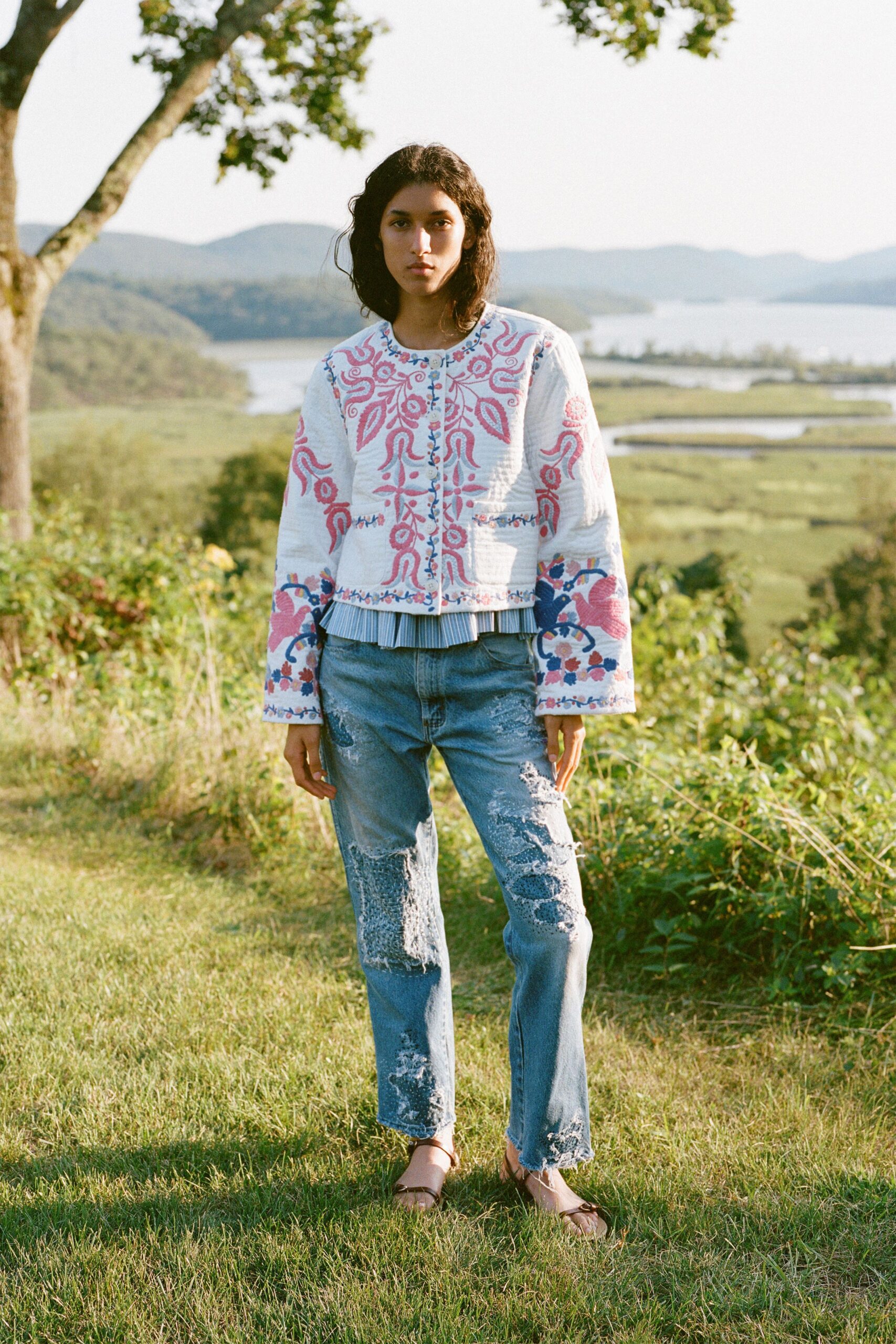 white cotton long-sleeve collared relaxed embroidered buttoned jacket