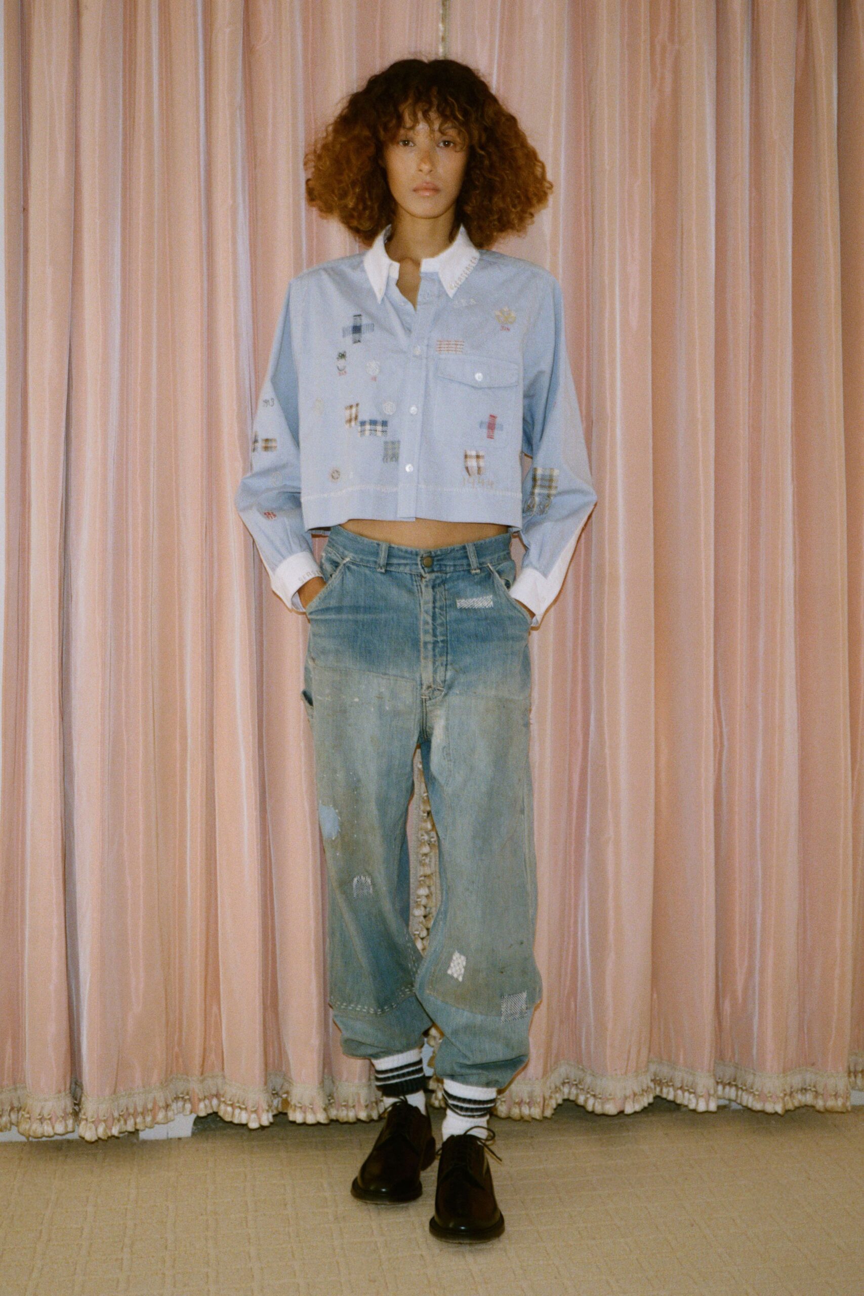 blue cotton long-sleeve collared embroidered cropped shirt