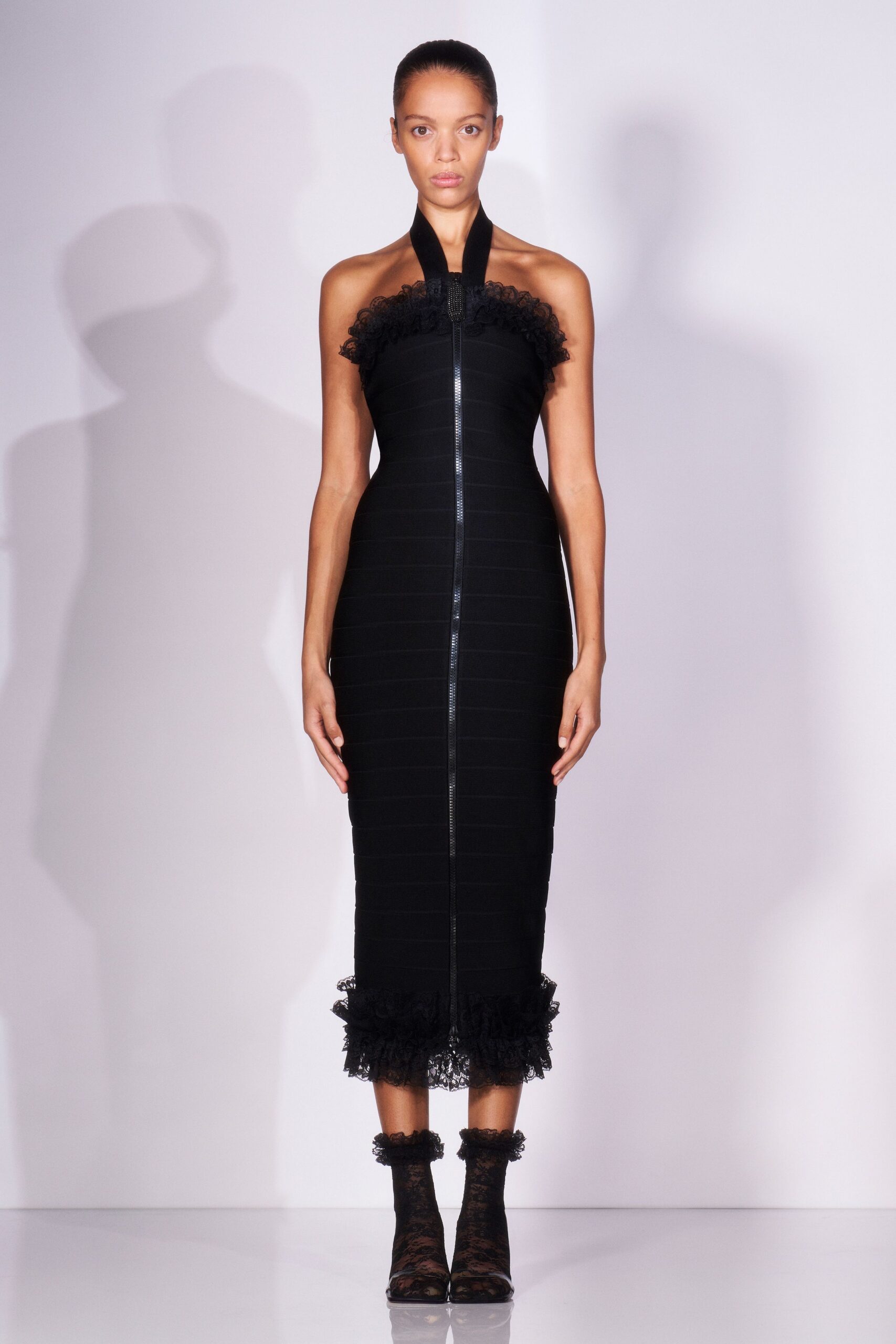 black fitted midi dress with ruffles