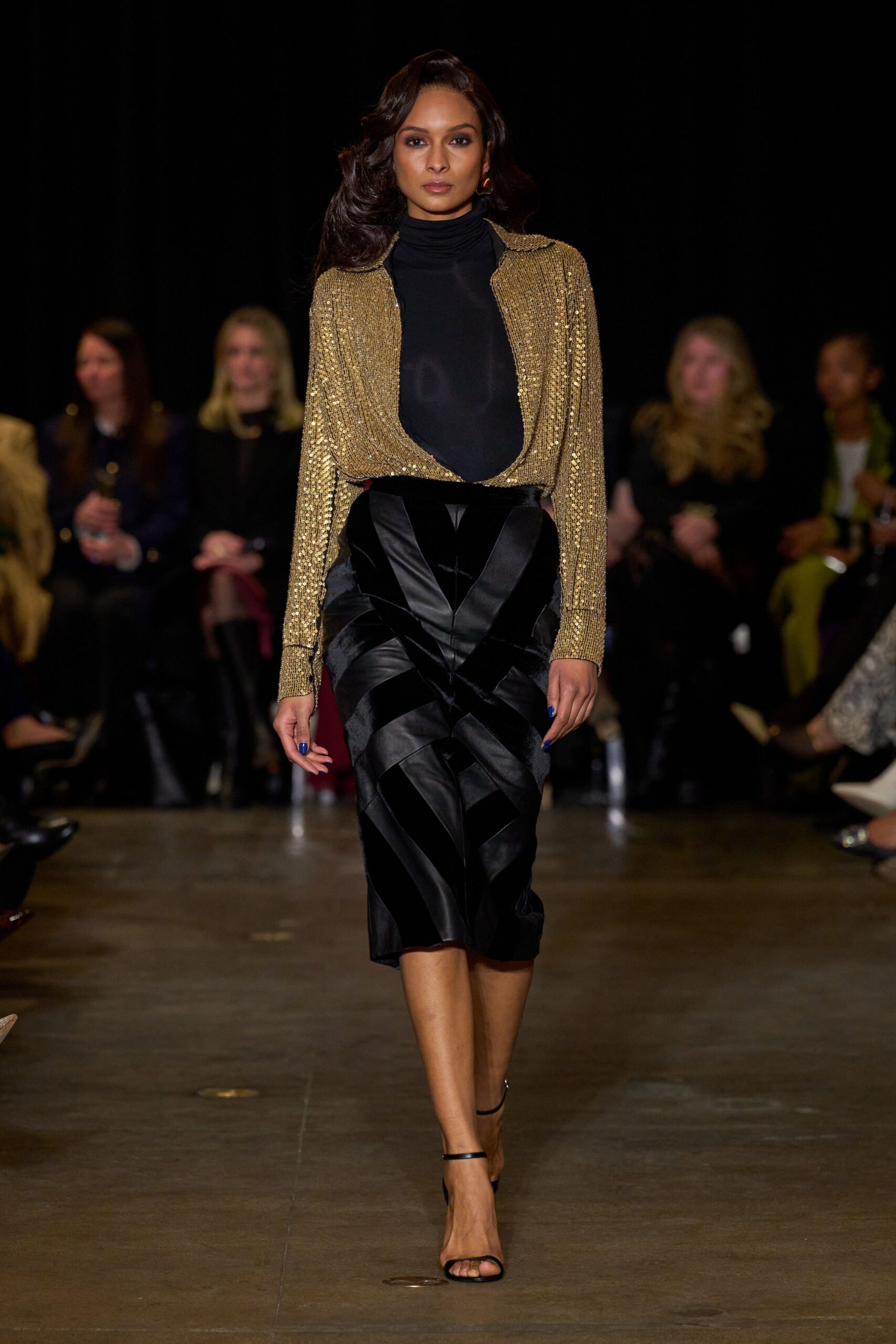 gold silk long-sleeve high-neck fitted embellished shiny top