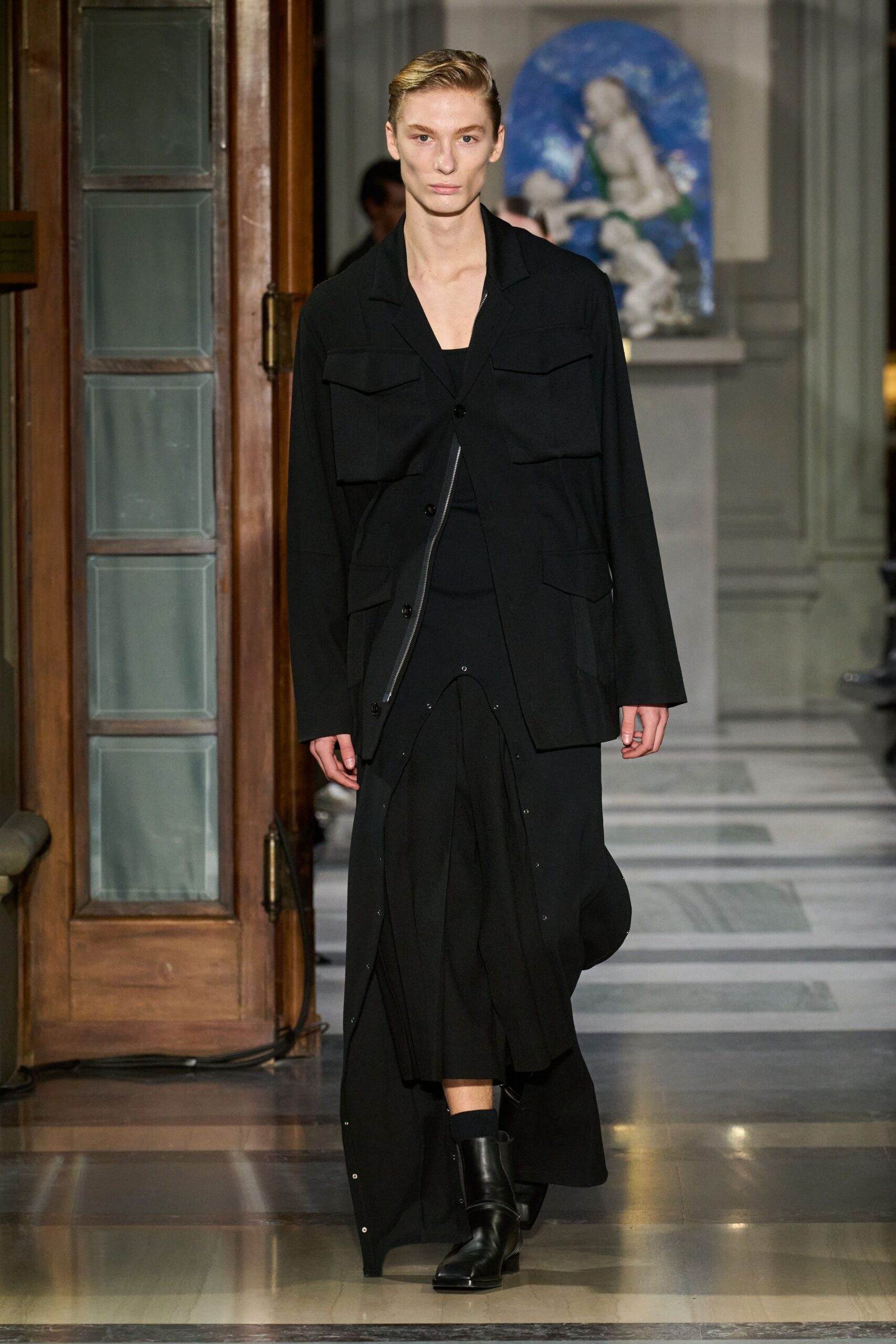 black relaxed jacket and fitted dress