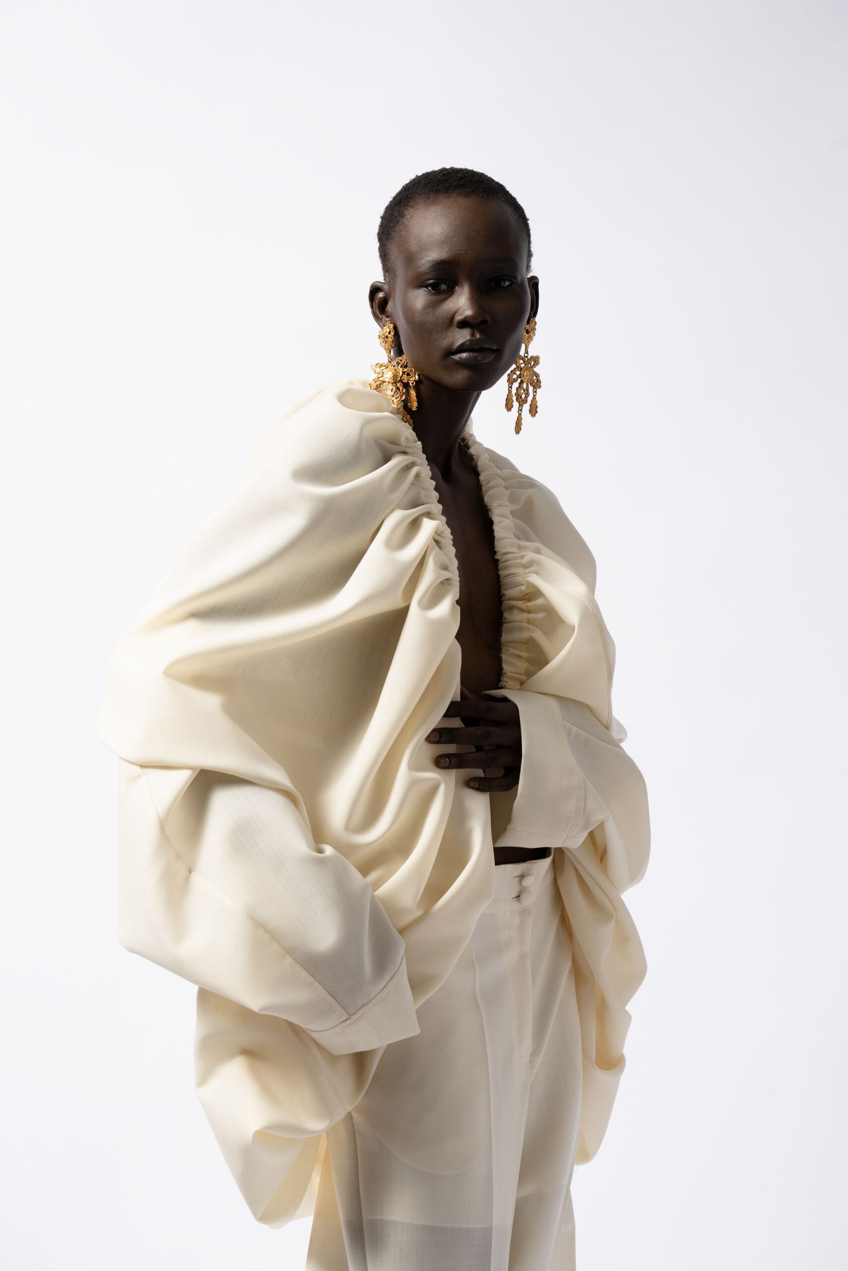 ivory silk fitted straight-leg pants
