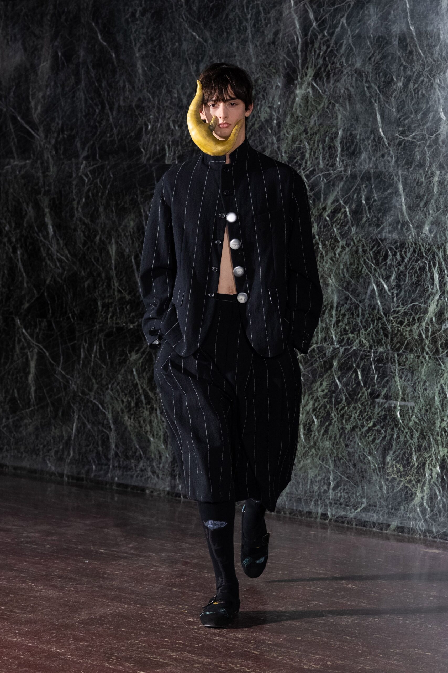 black cotton long-sleeve collared oversized striped buttoned jacket