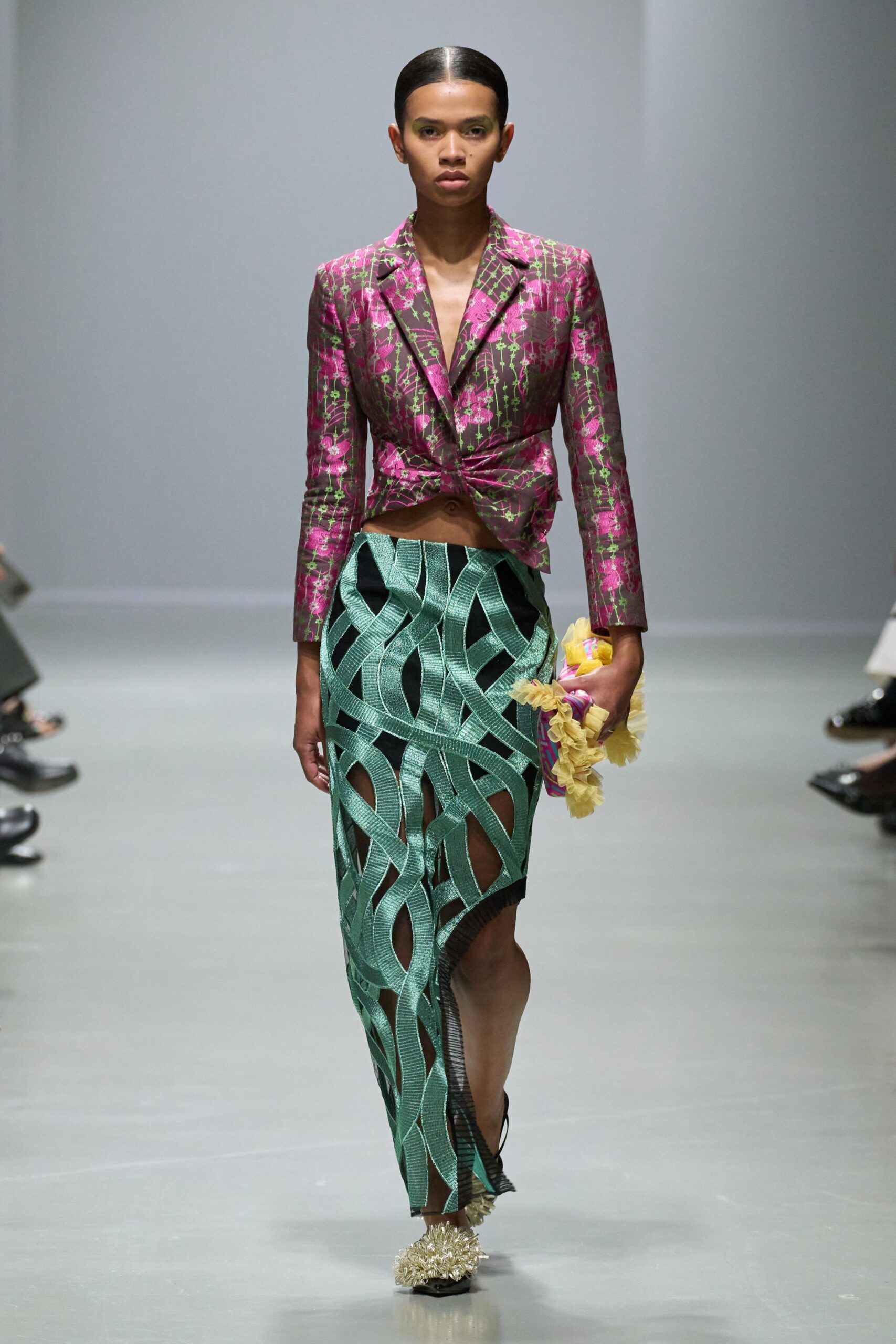 purple silk blazer with green cutout skirt