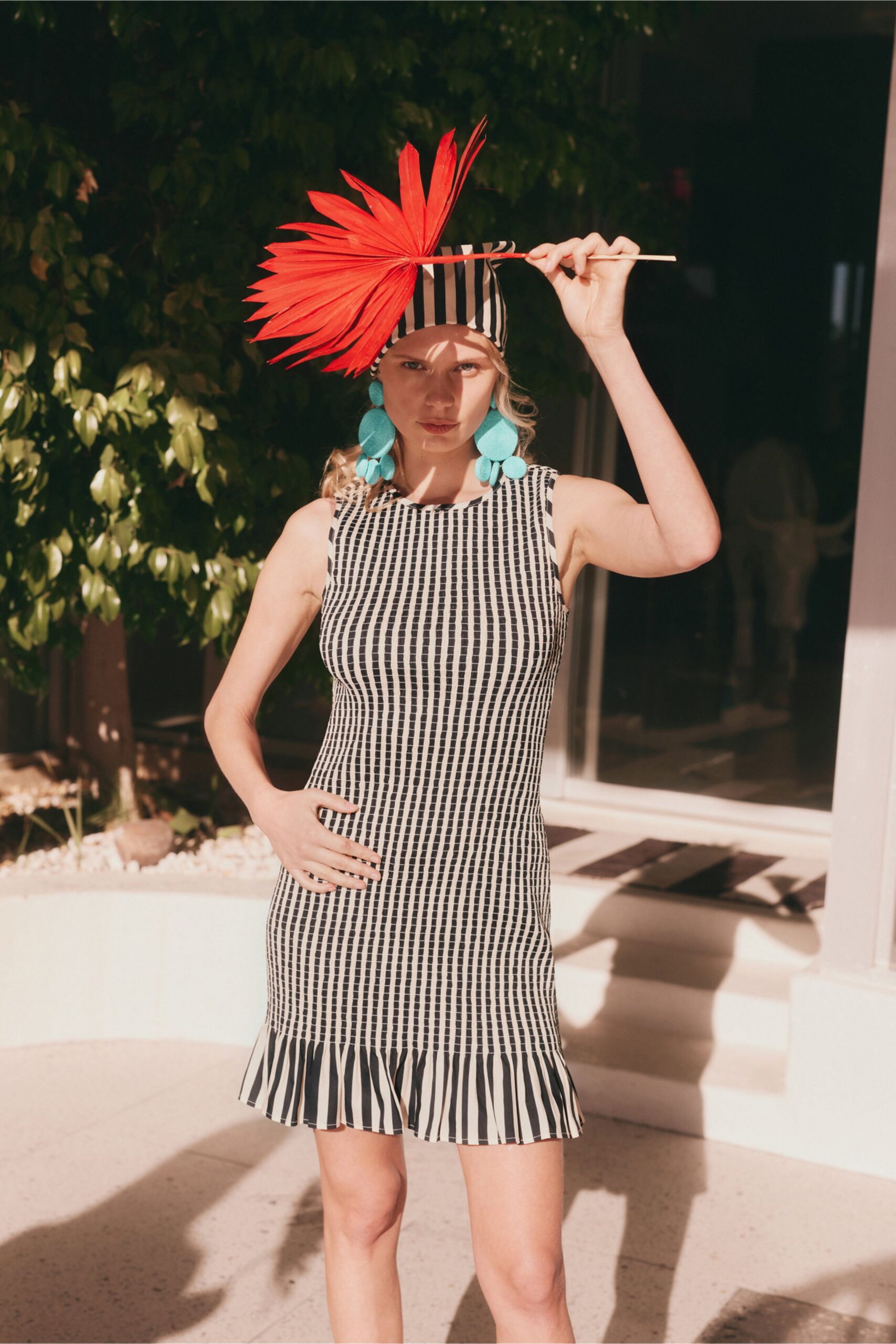 black cotton sleeveless high-neck fitted striped ruffled dress