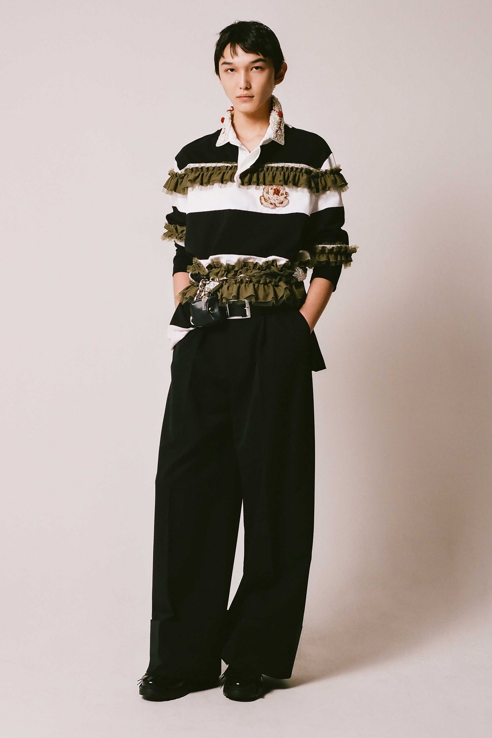 black cotton long-sleeve collared relaxed ruffled shirt