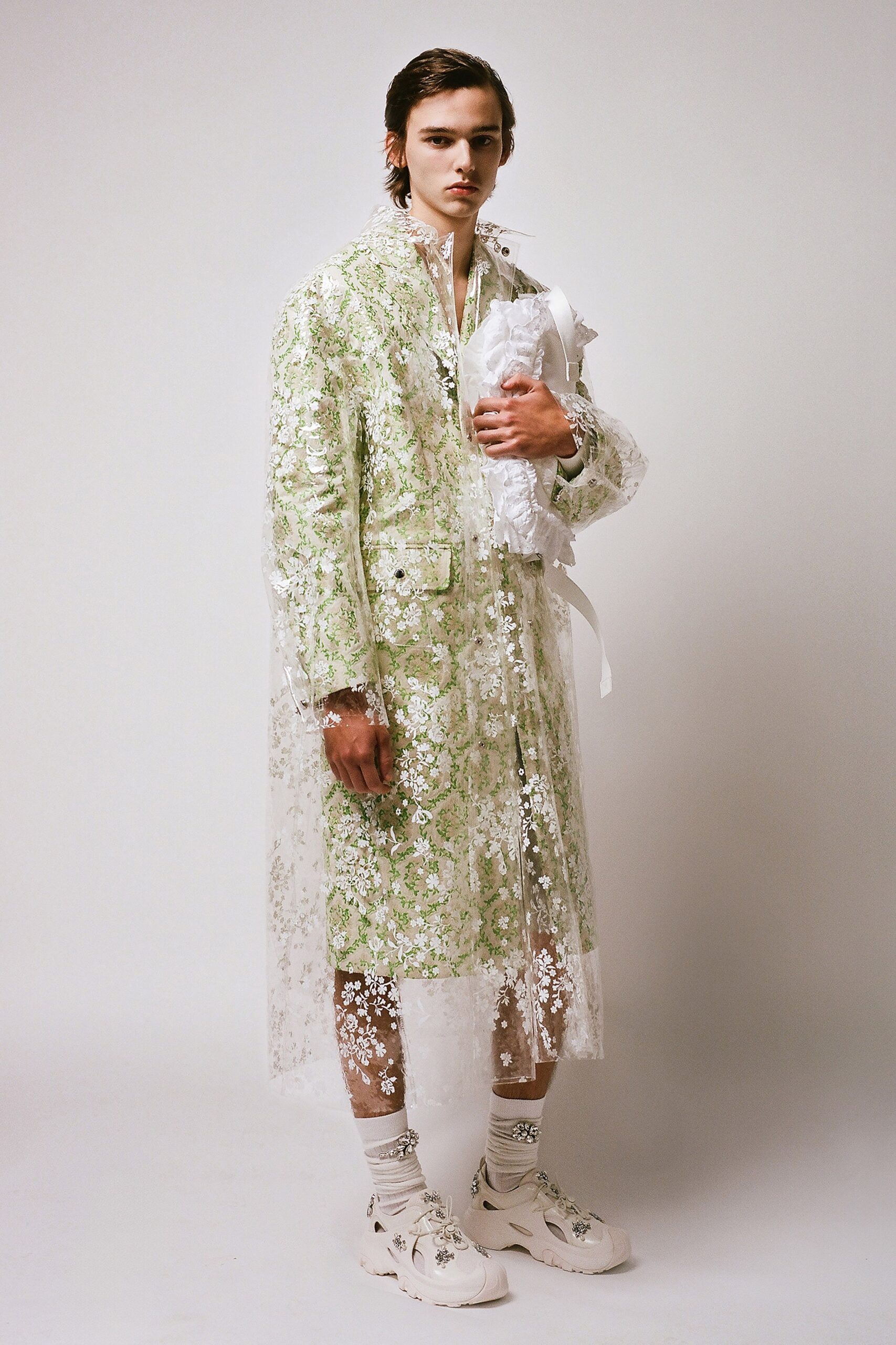 green lace long-sleeve collared relaxed embroidered layered coat