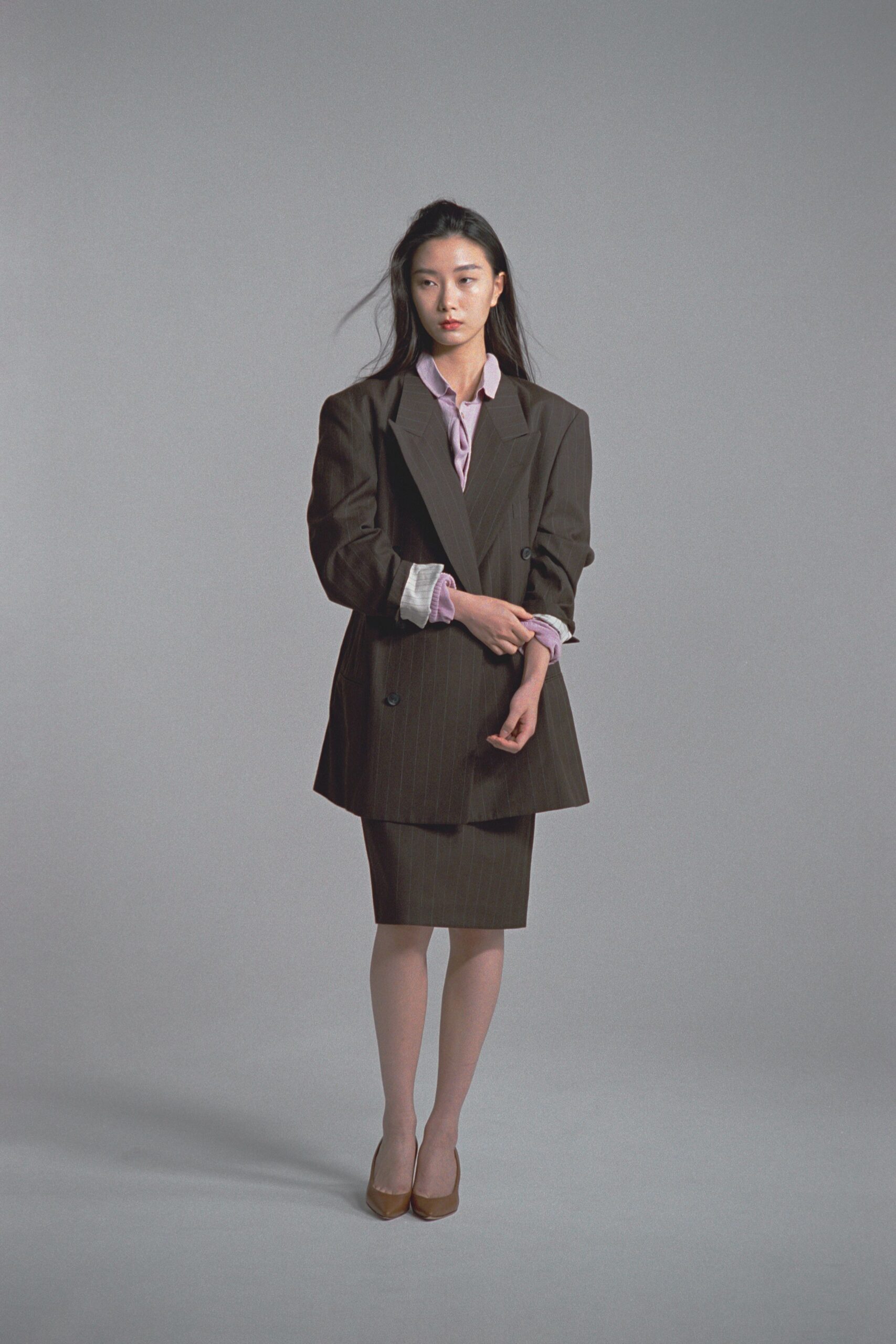 brown wool long-sleeve collared structured buttoned pencil blazer
