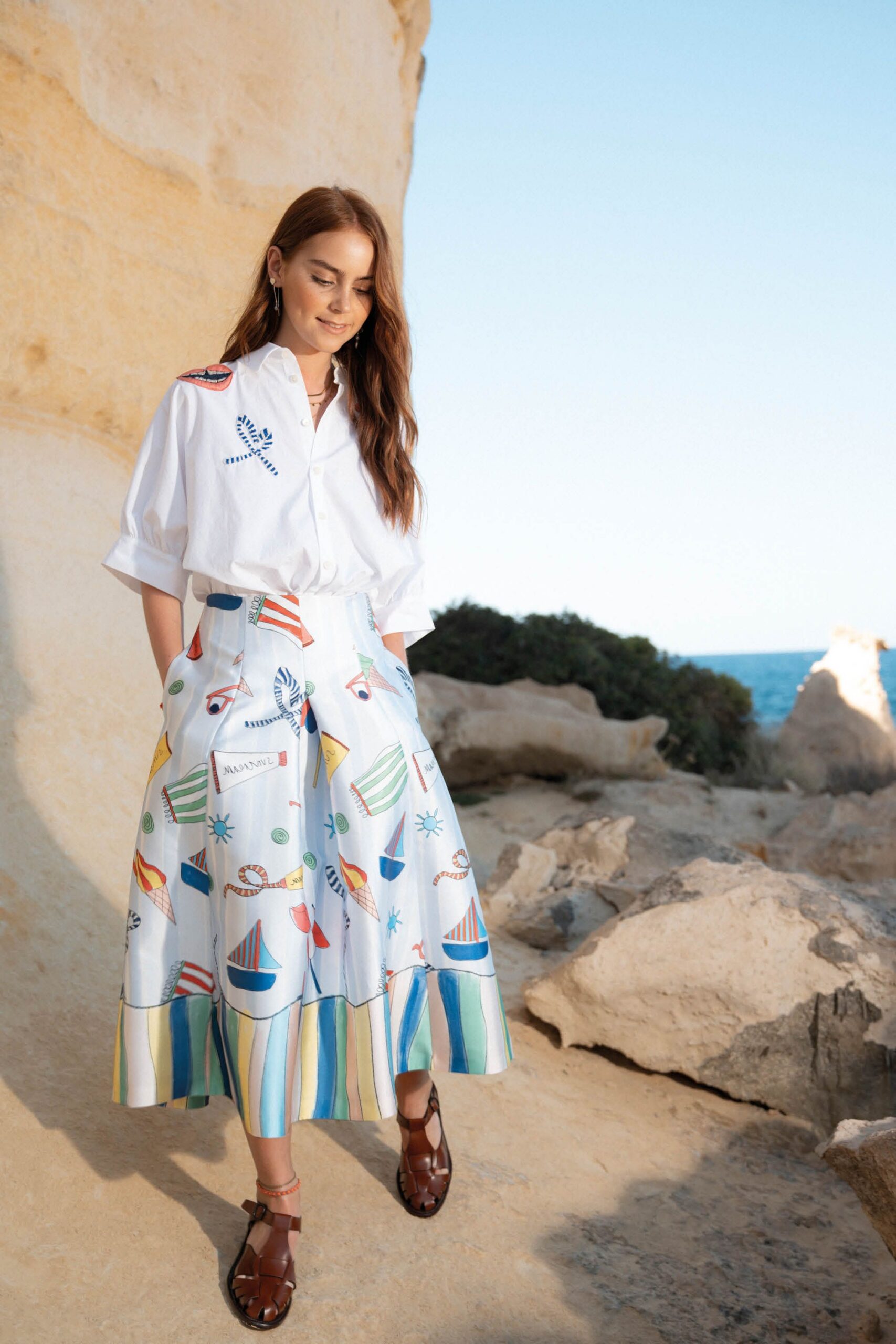 white shirt and blue midi skirt