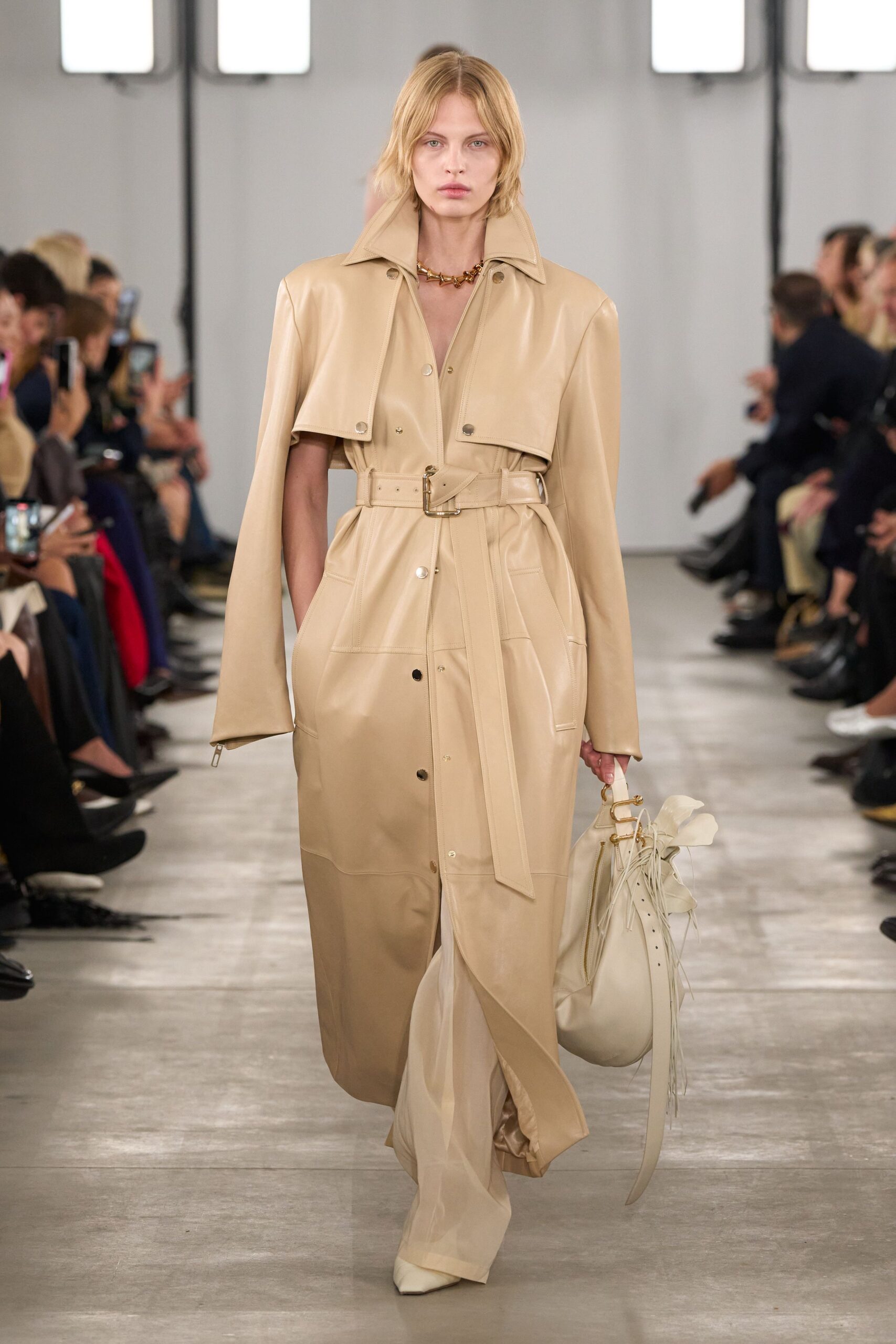 beige leather long-sleeve collared fitted belted buttoned coat