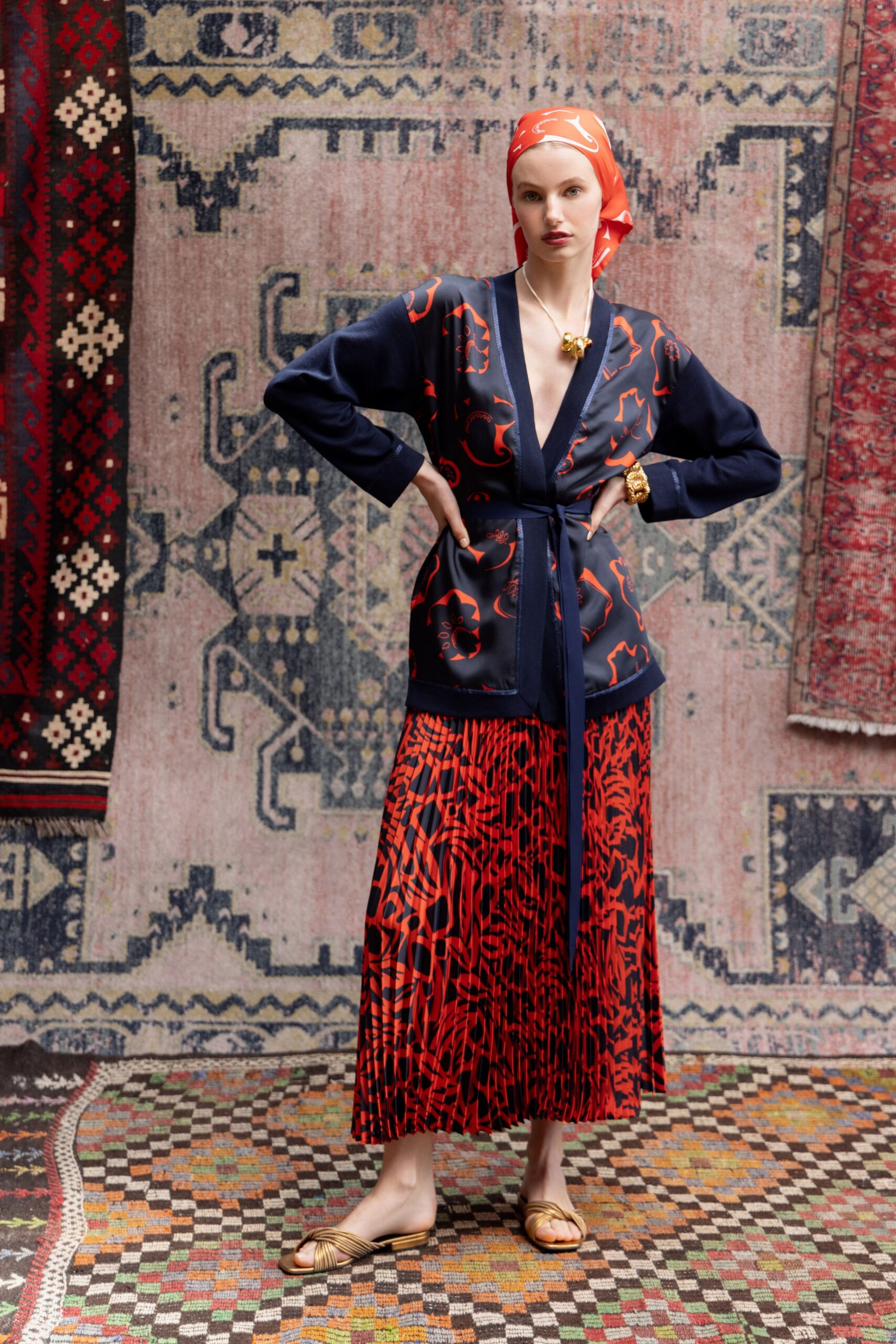 navy cardigan red pleated skirt