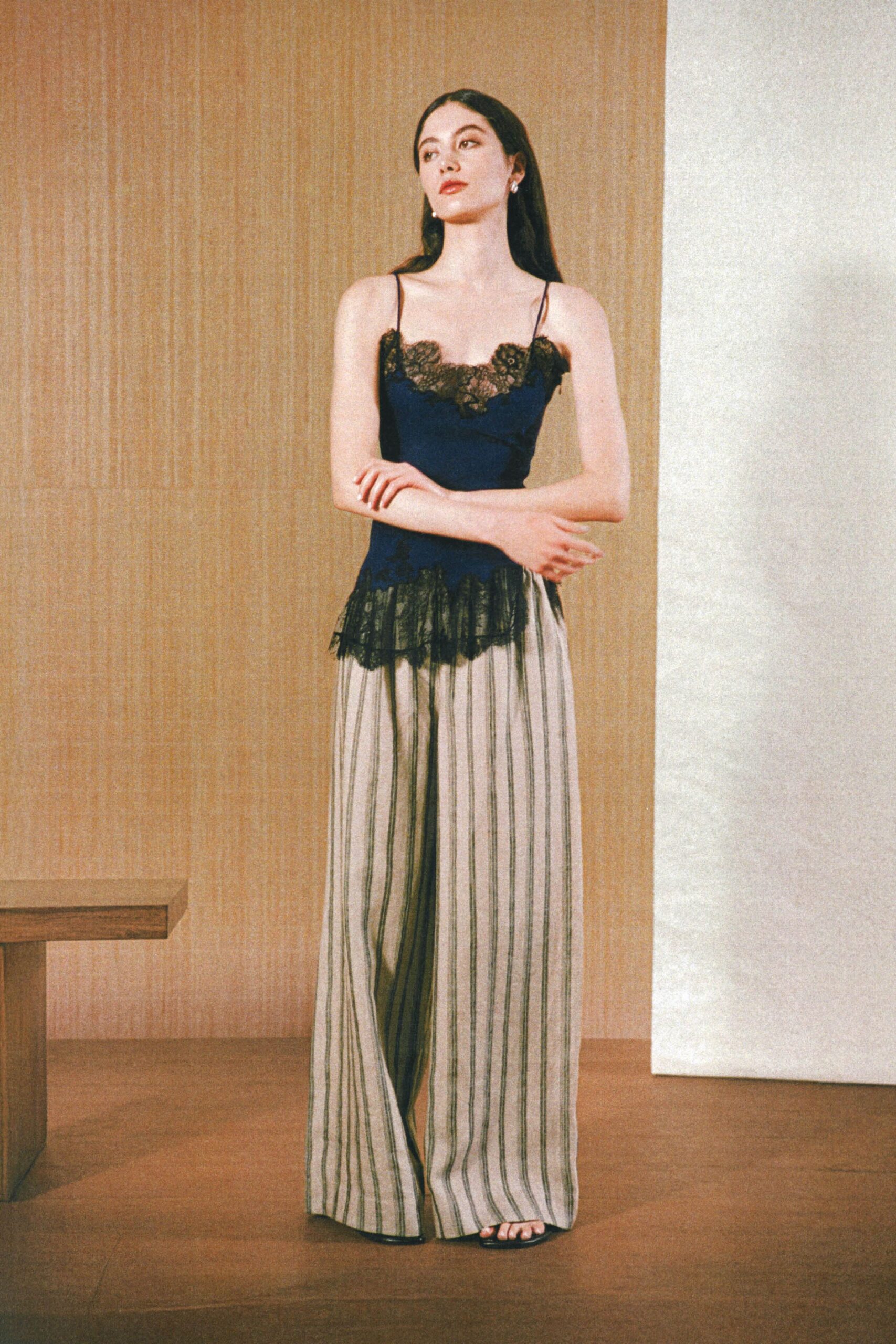 blue silk sleeveless v-neck fitted ruffled top