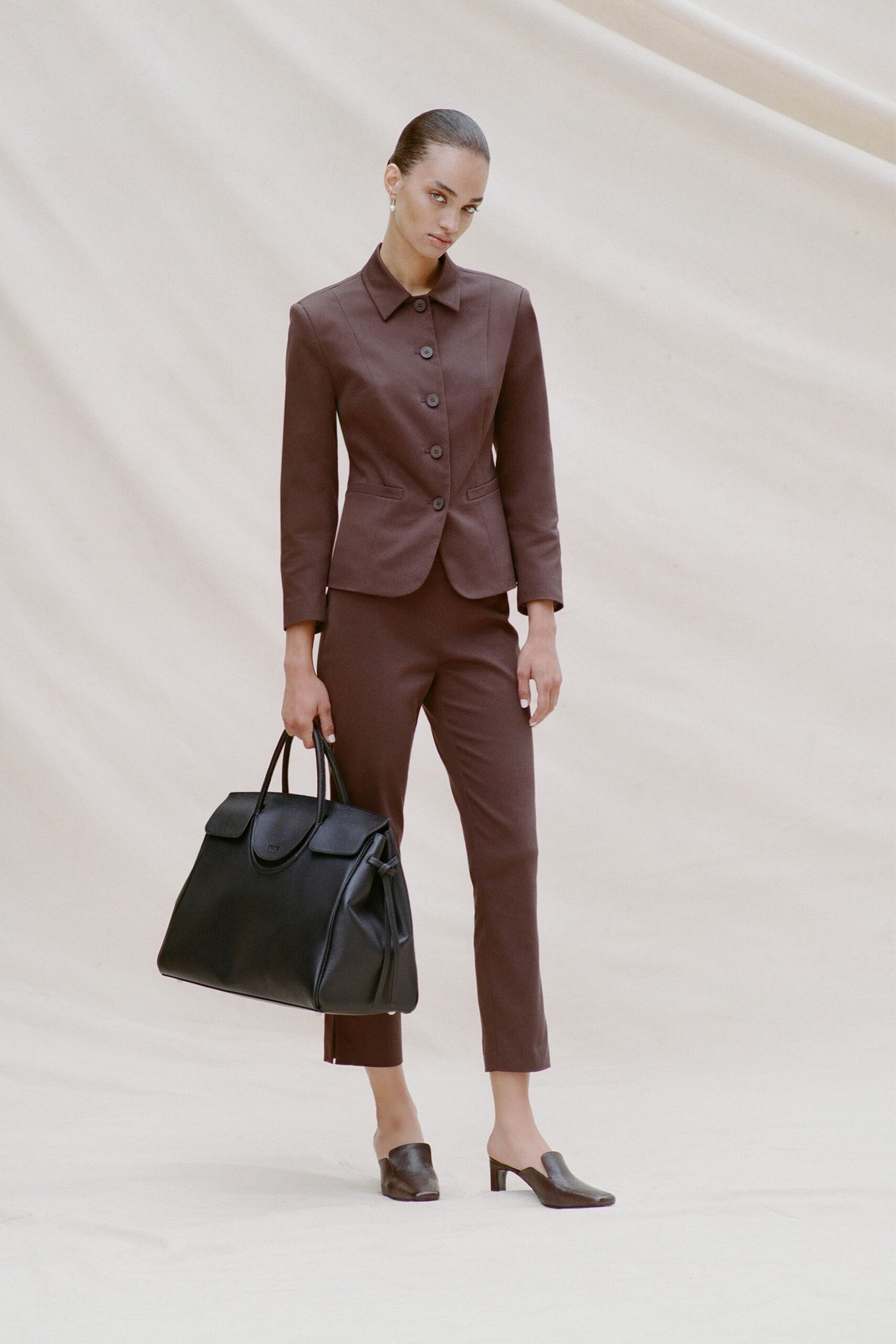 brown cotton slim straight-leg pants