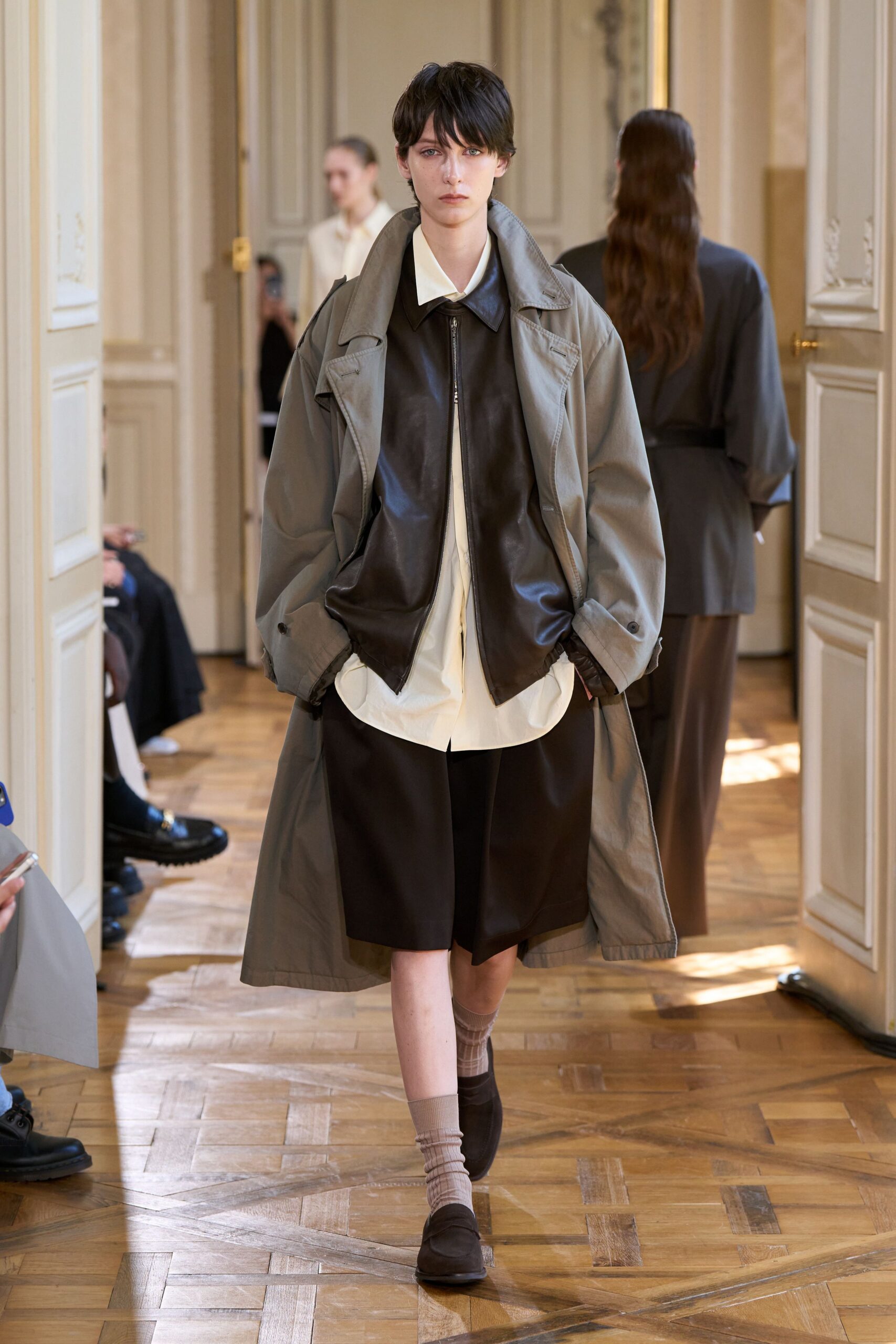 gray coat brown leather jacket