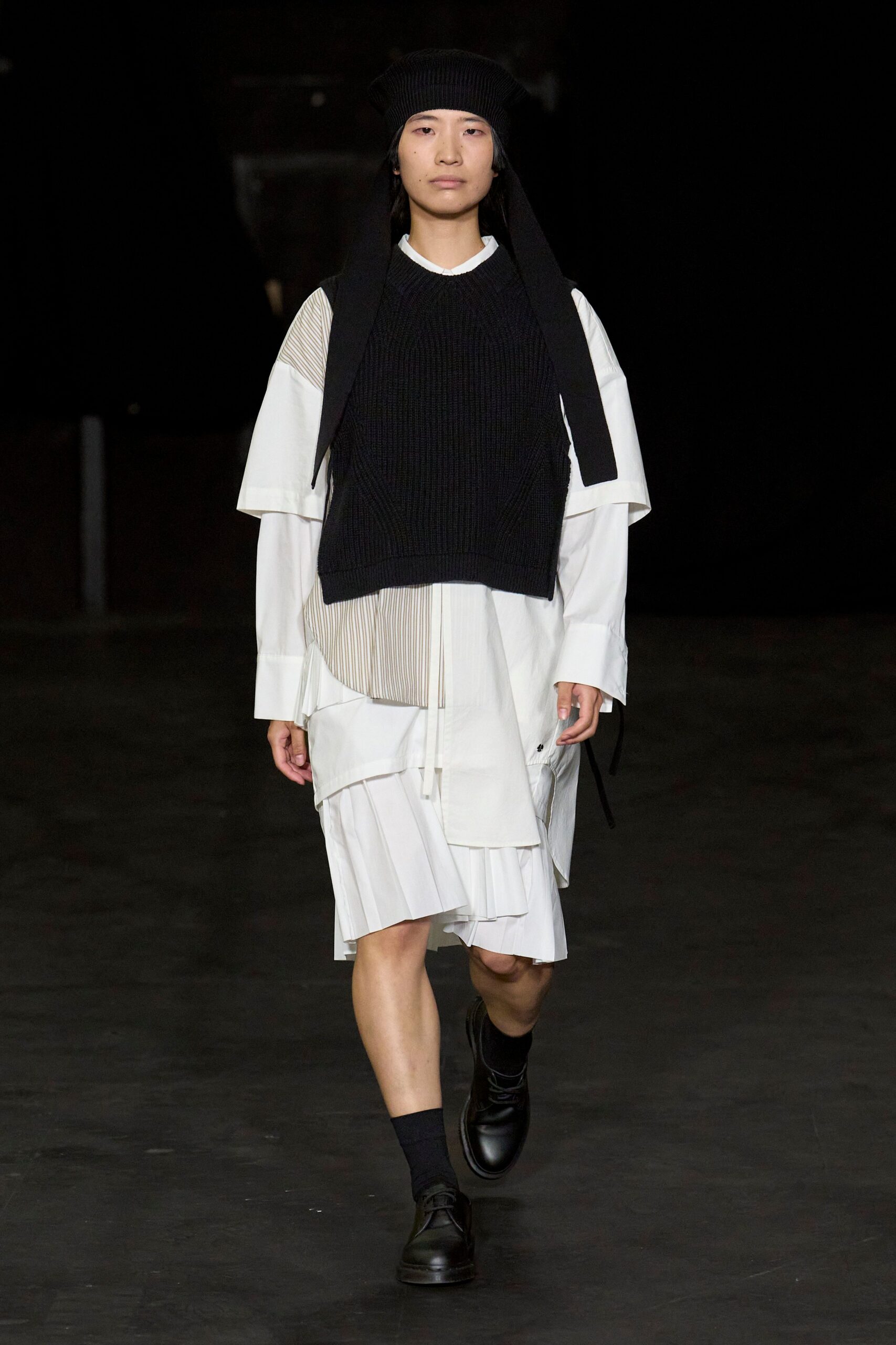 white cotton long-sleeve collared relaxed pleated layered dress
