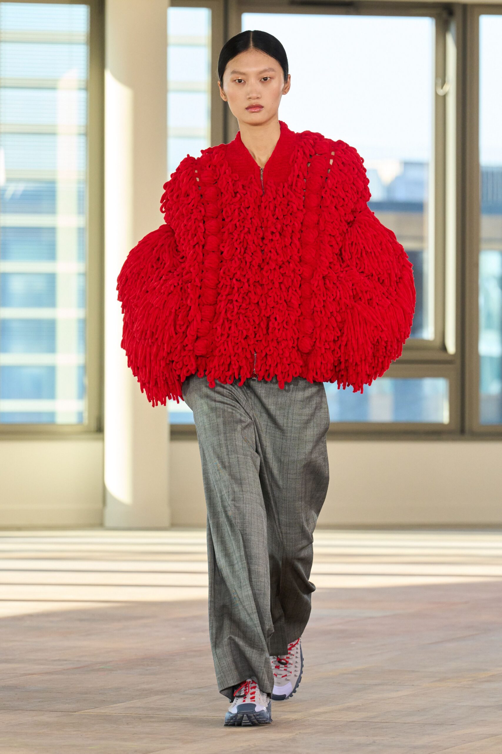 red cotton long-sleeve collared oversized ruffled jacket