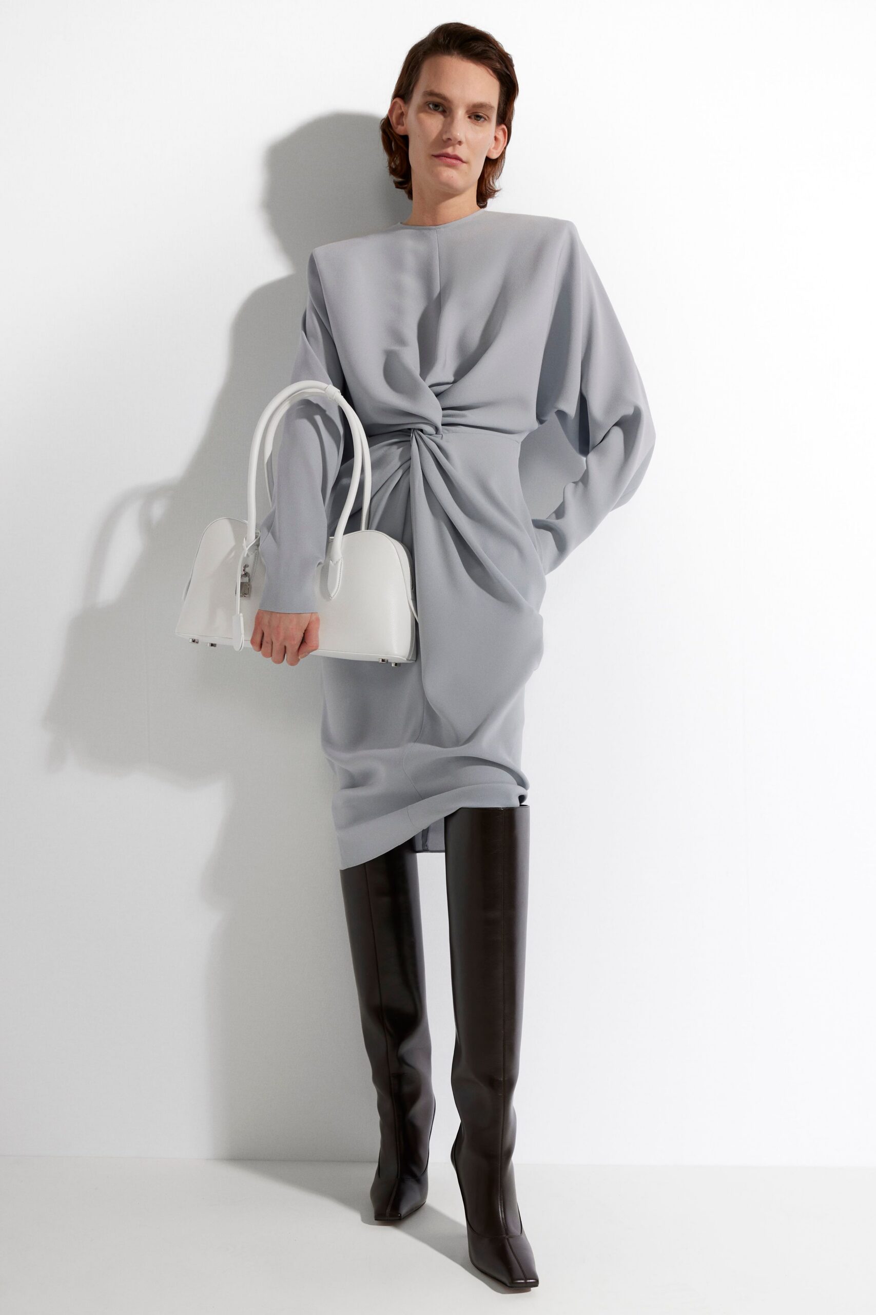 gray silk long-sleeve high-neck relaxed draped flowing dress