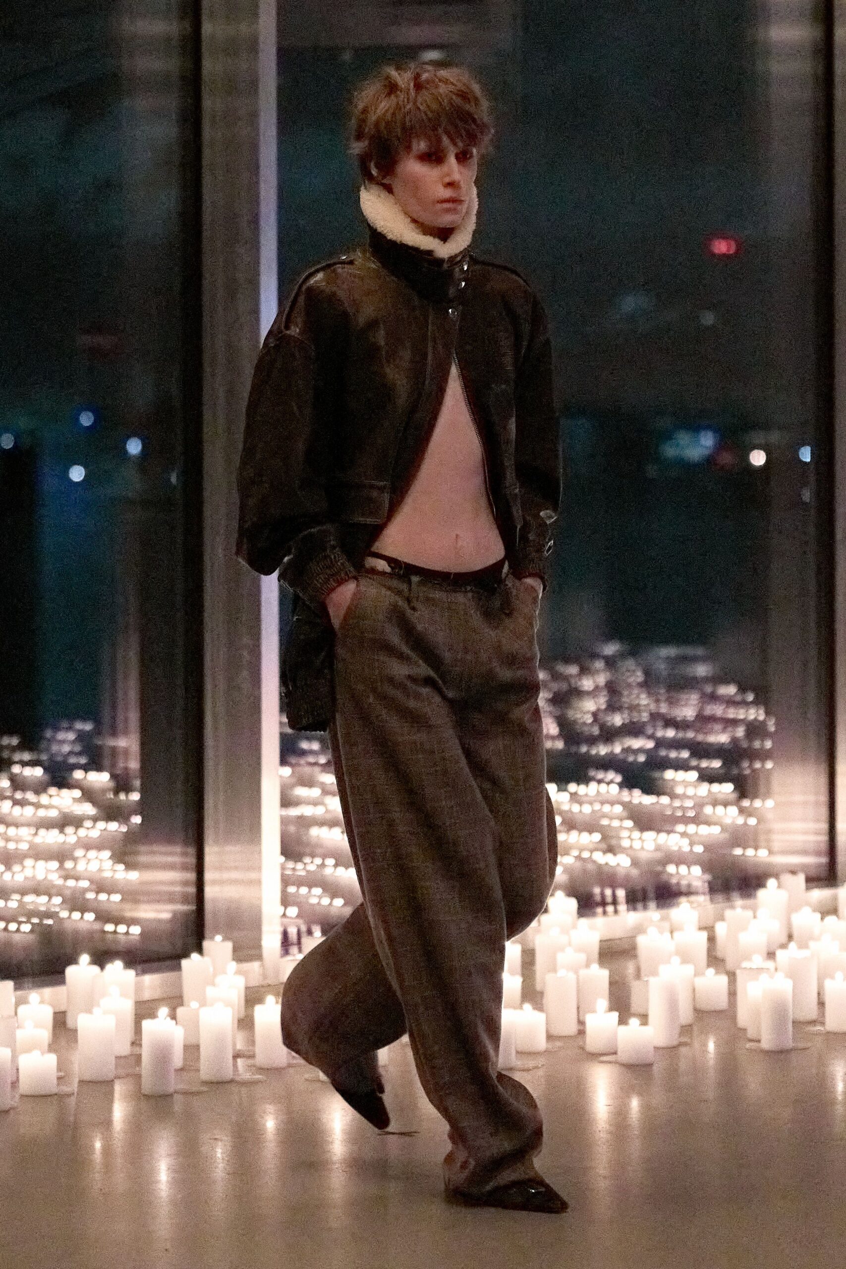 black leather jacket gray tailored pants