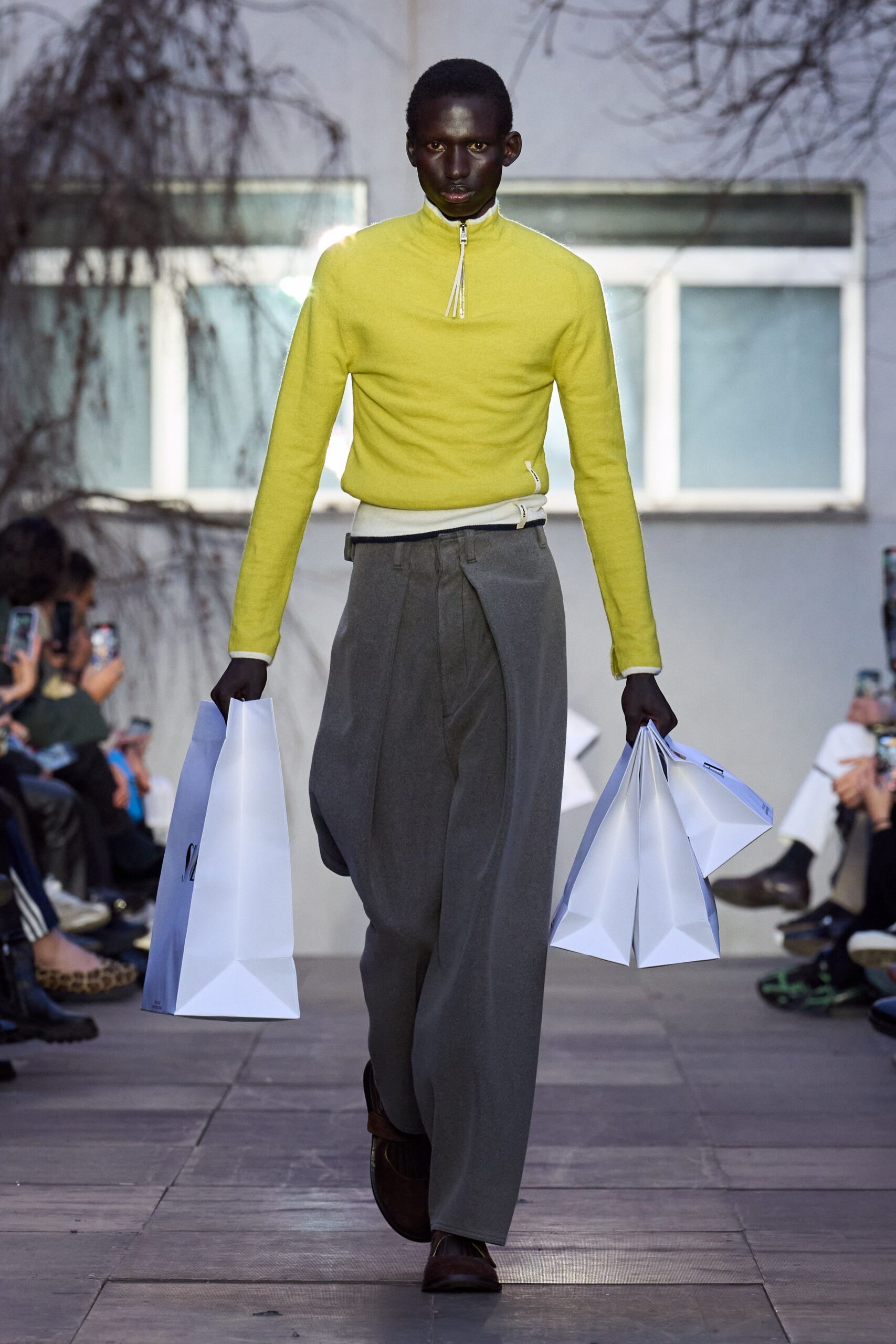 yellow cotton long-sleeve high-neck fitted top