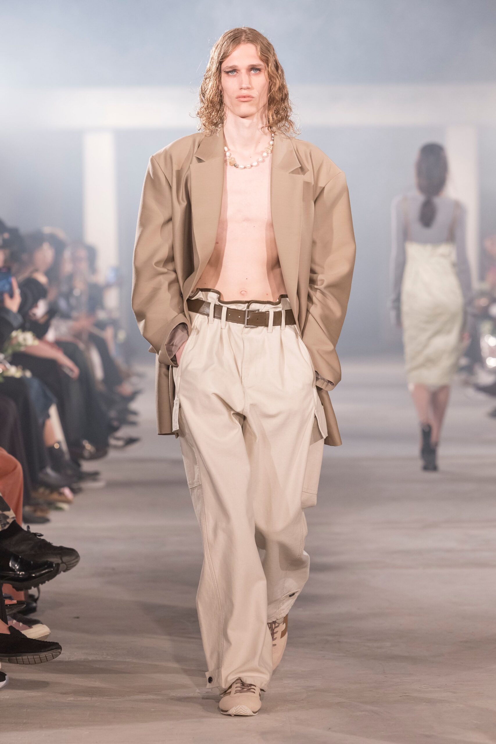 beige oversized jacket with relaxed pants