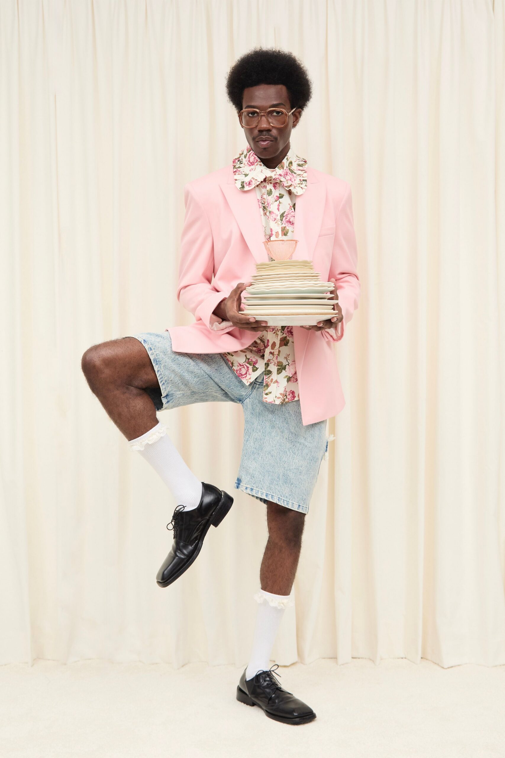 pink cotton long-sleeve collared tailored blazer
