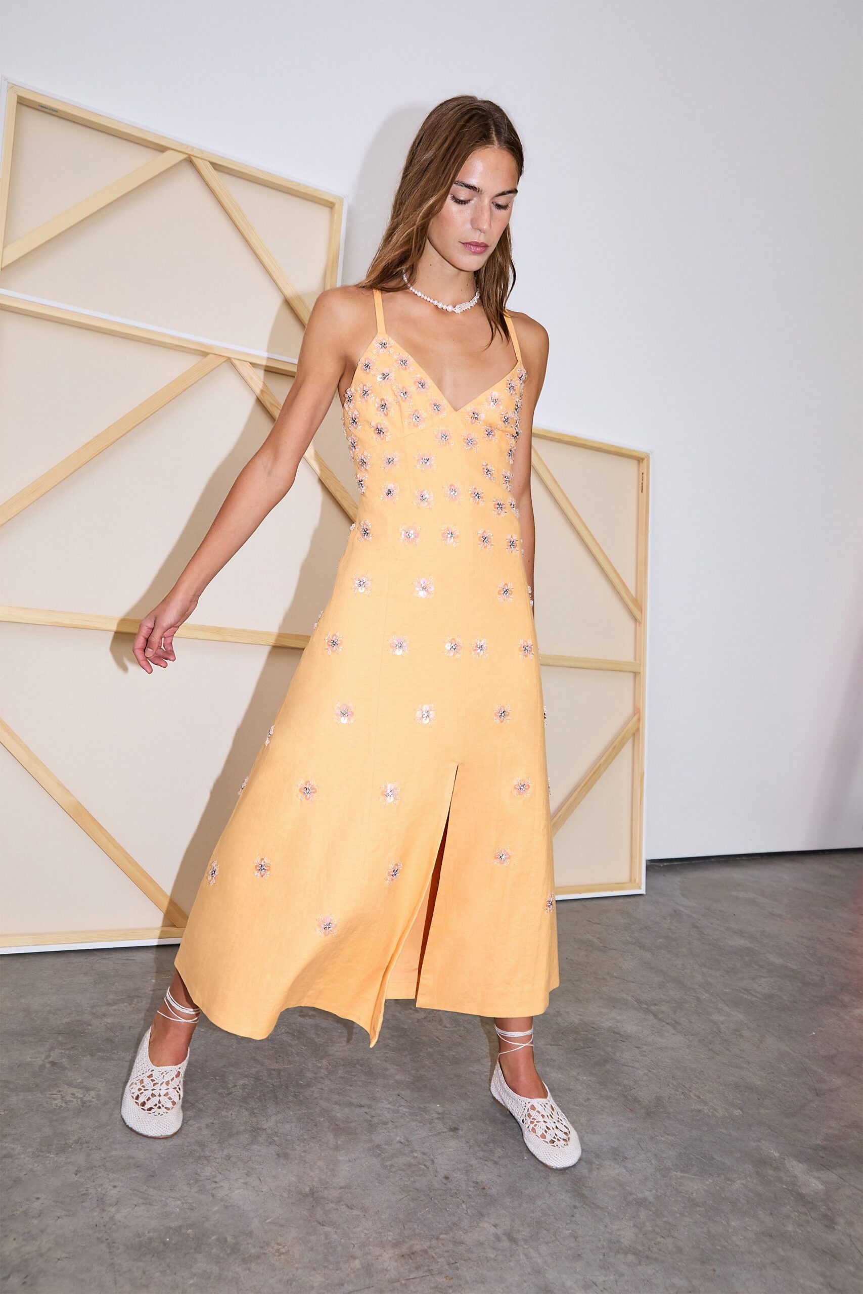 yellow cotton sleeveless v-neck relaxed embroidered midi dress