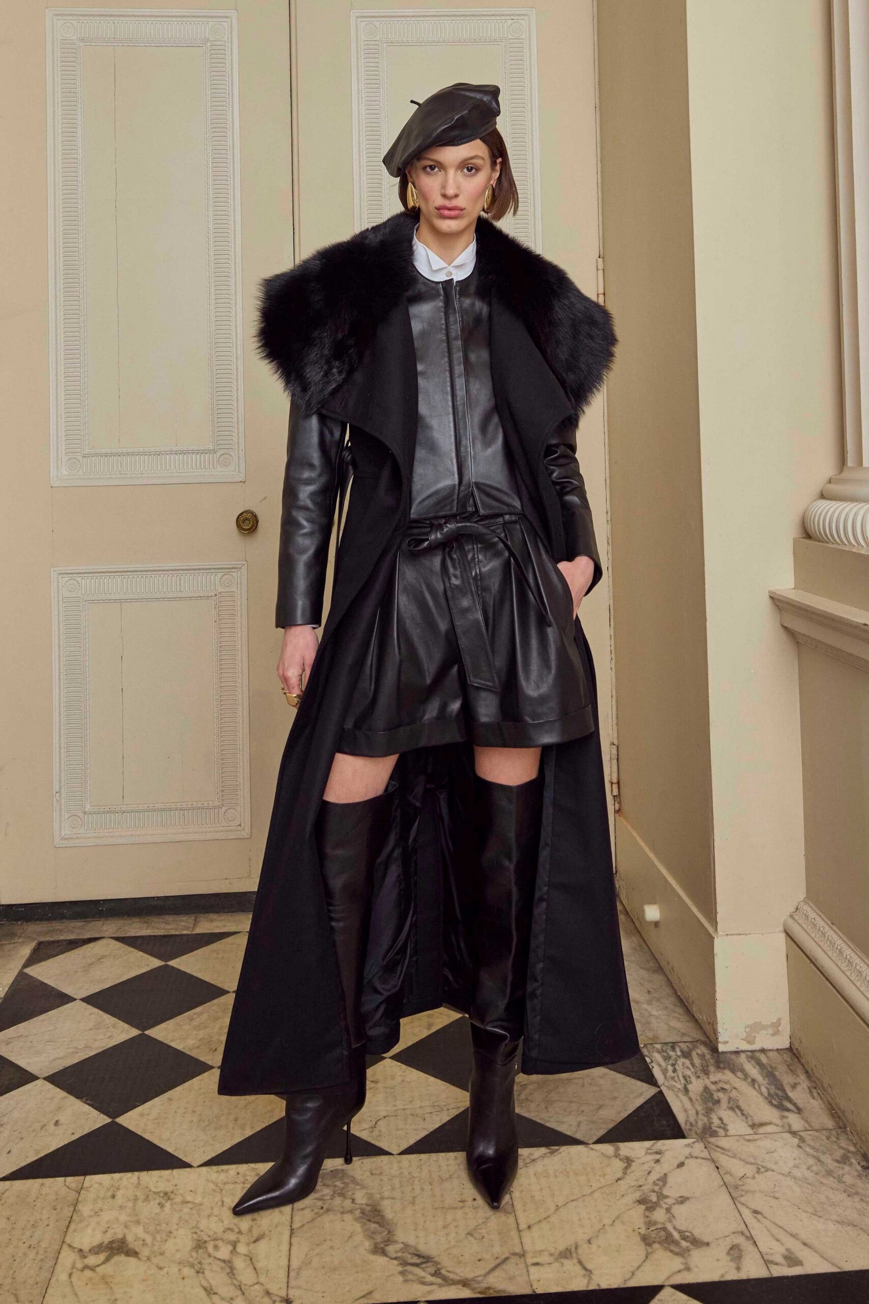 black leather long-sleeve collared fitted layered maxi coat