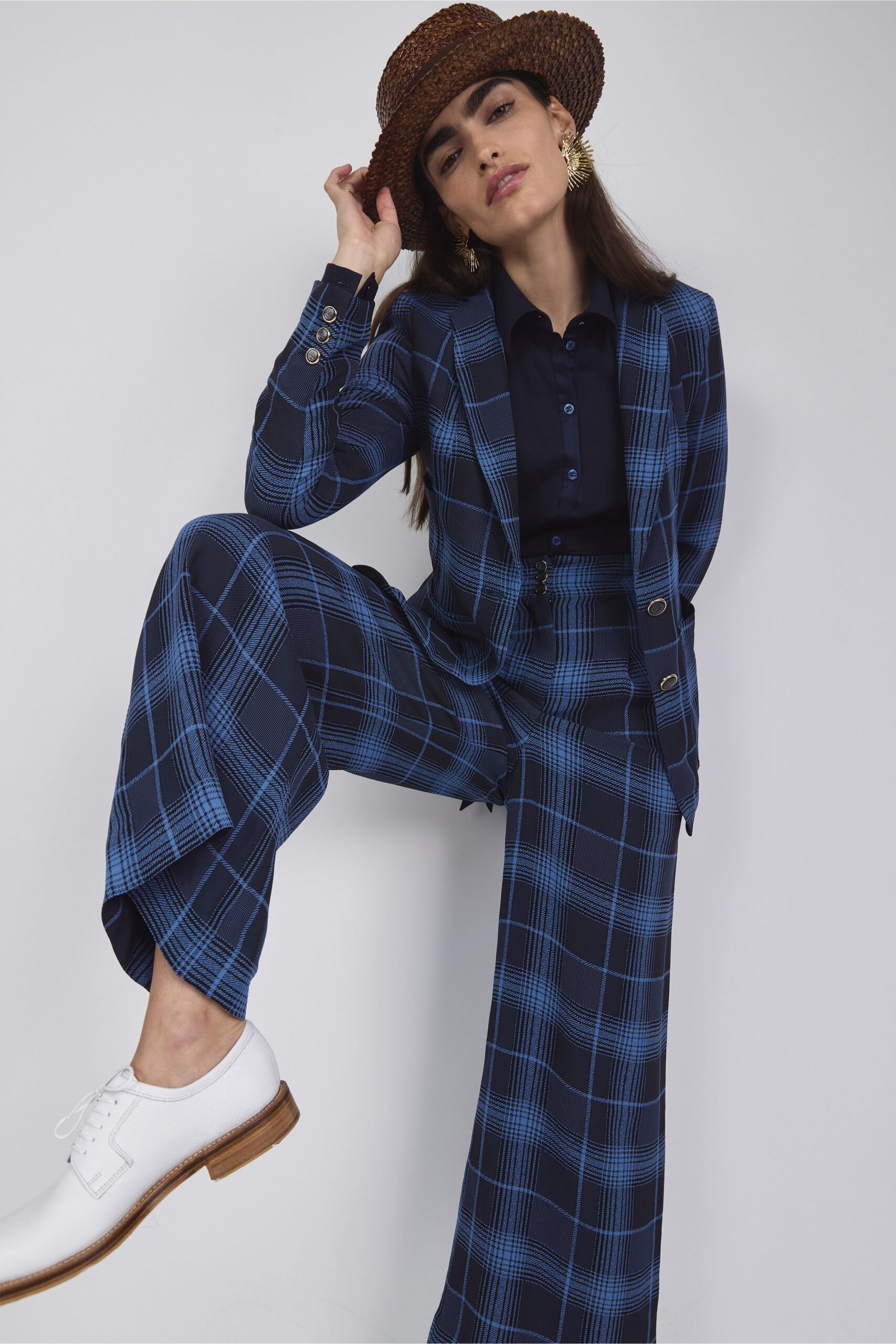blue checked tailored suit with hat