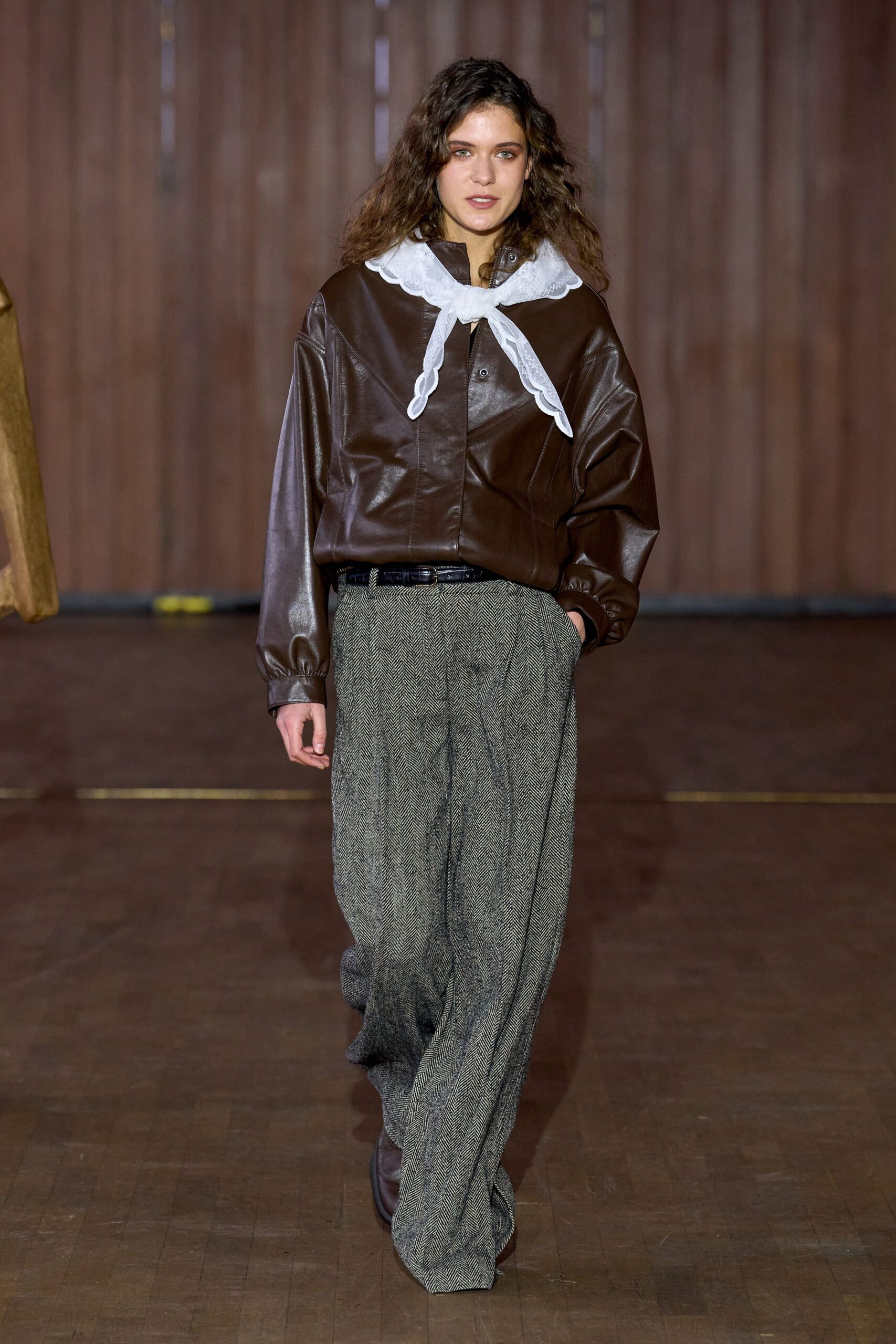 brown leather long-sleeve collared relaxed buttoned jacket