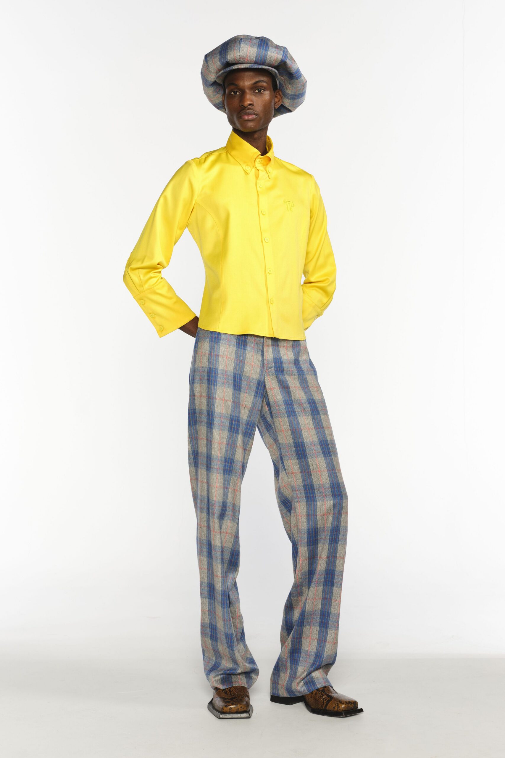 yellow shirt with checked pants