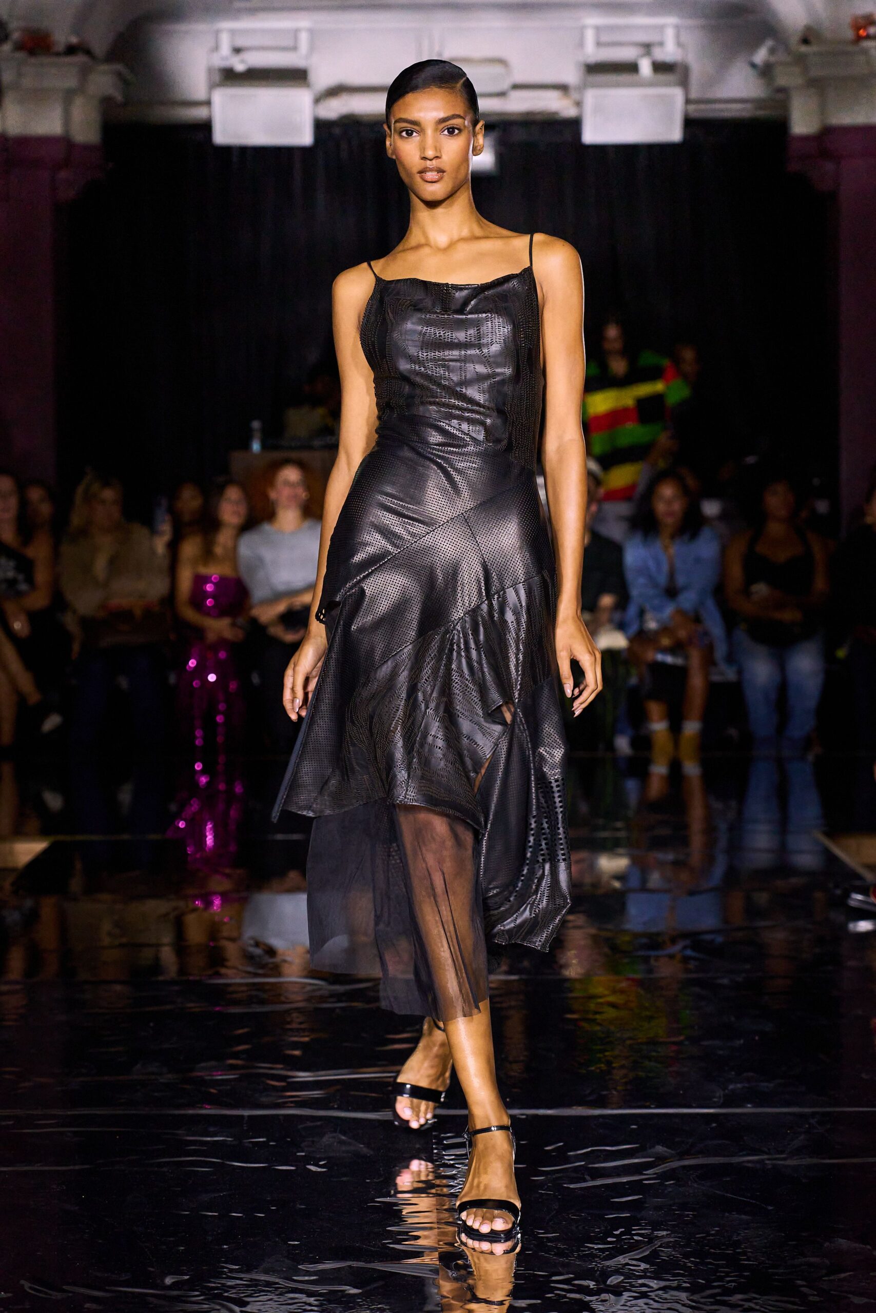 black leather sleeveless v-neck fitted draped flowing dress