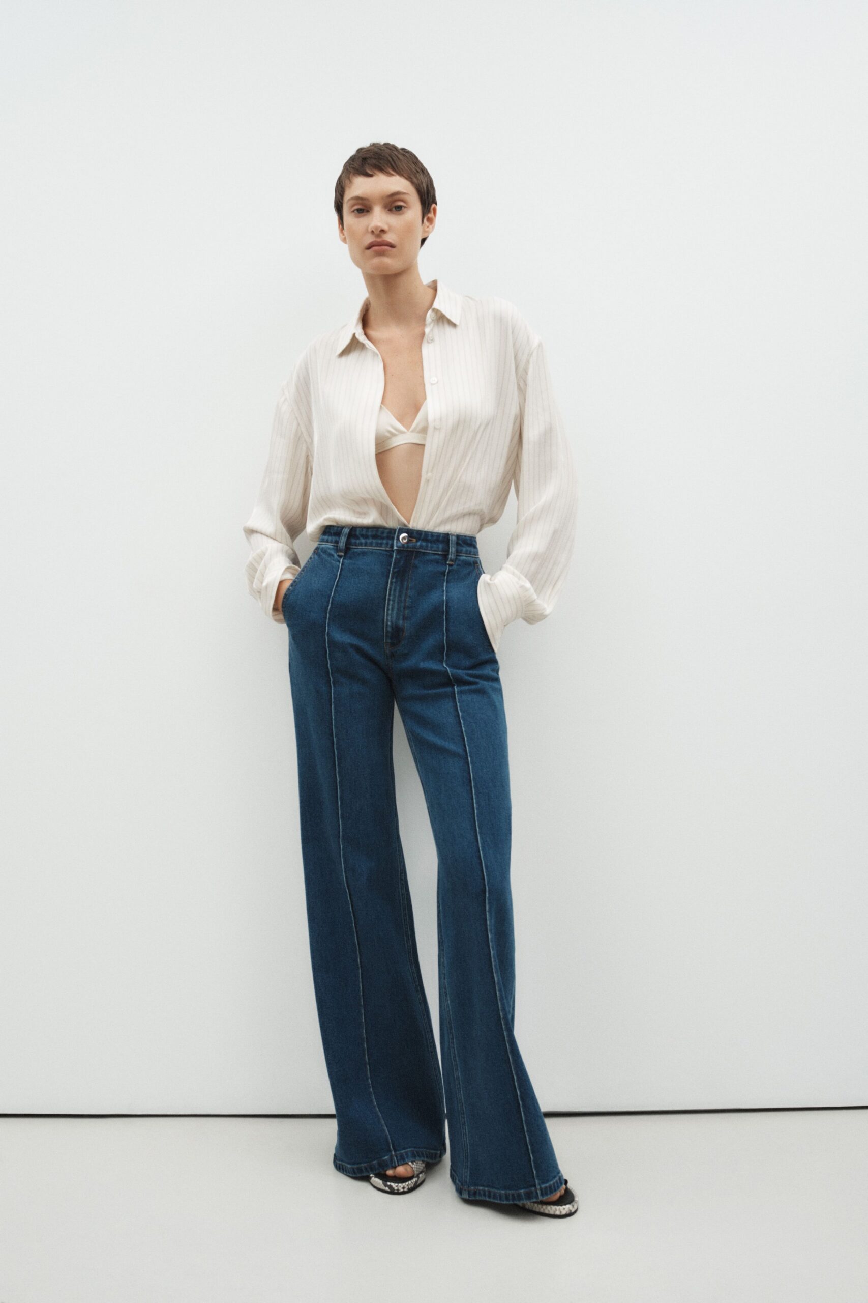 blue denim fitted high-waisted wide-leg pants