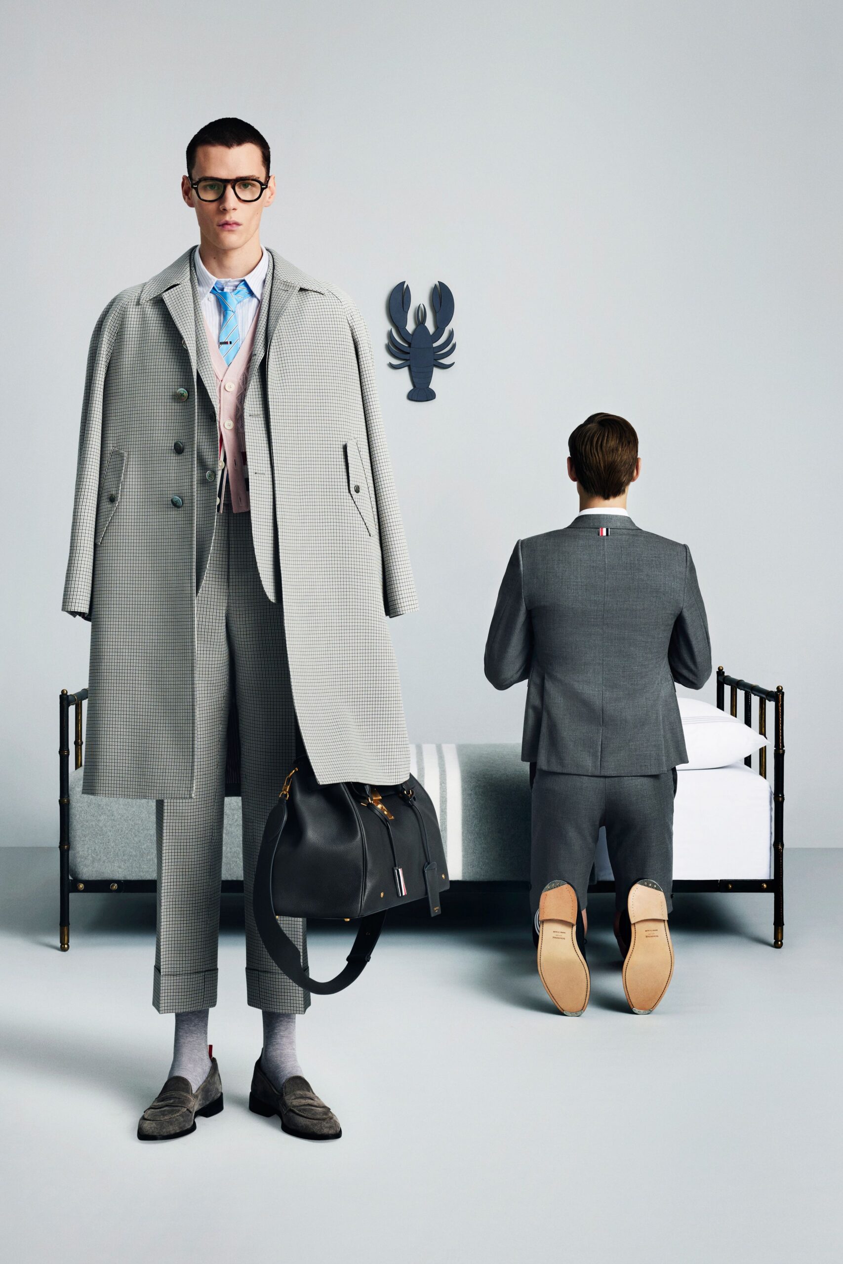 gray wool long-sleeve collared structured checked buttoned coat