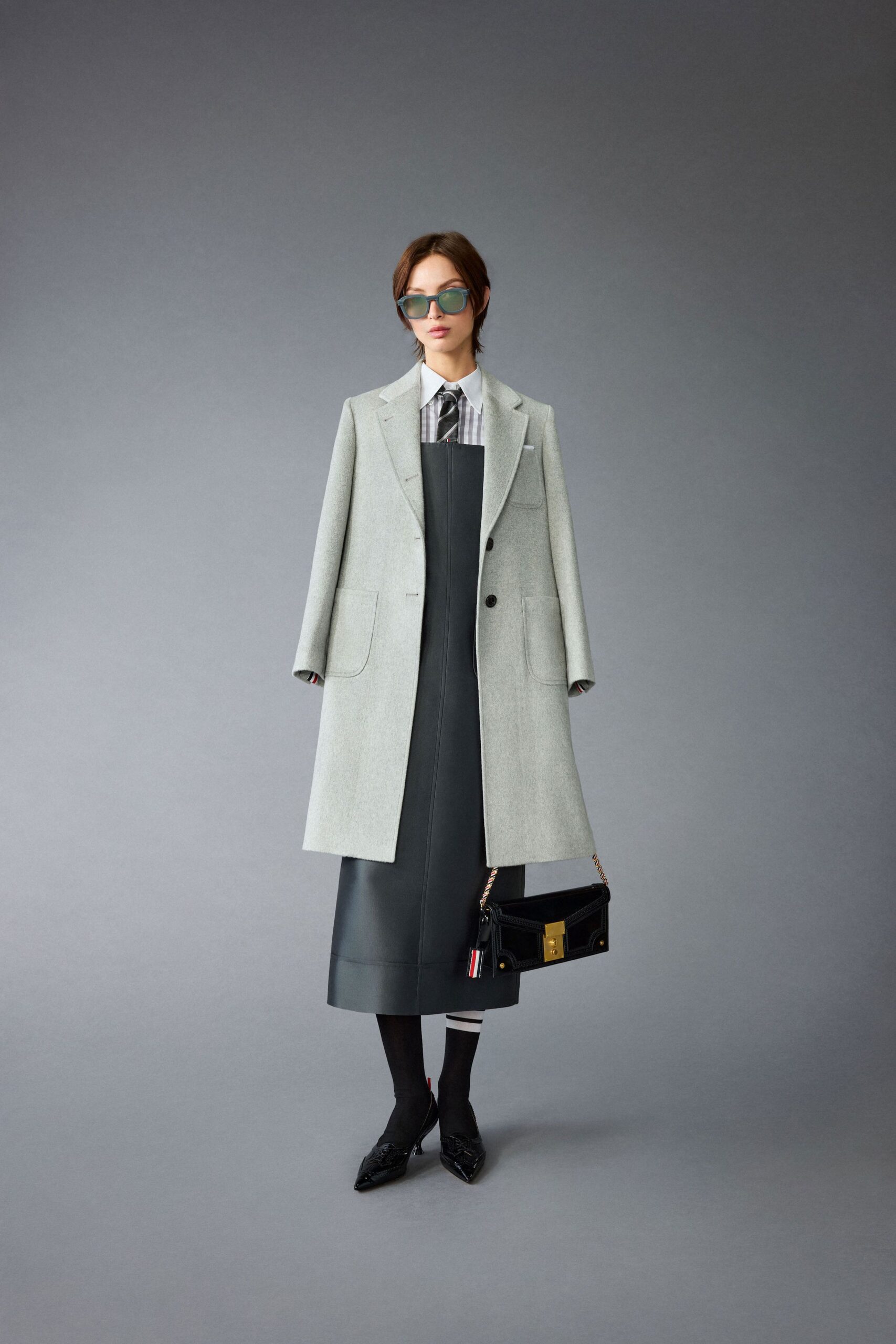 gray wool coat black leather dress