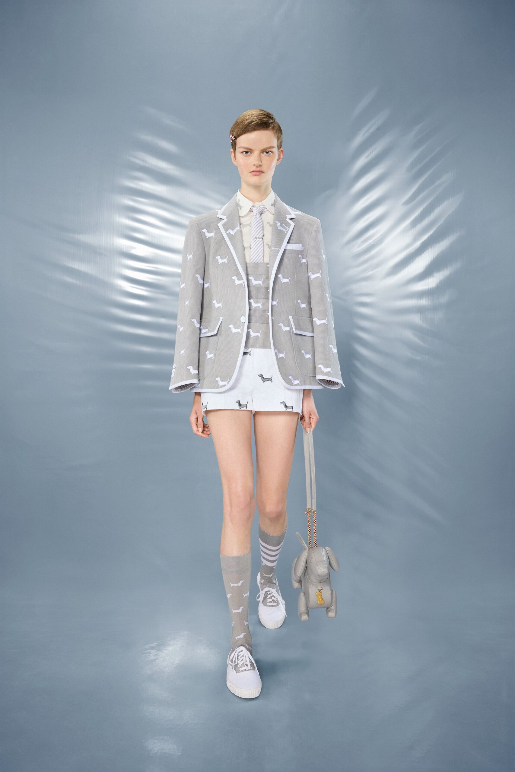 gray cotton long-sleeve collared tailored embroidered blazer