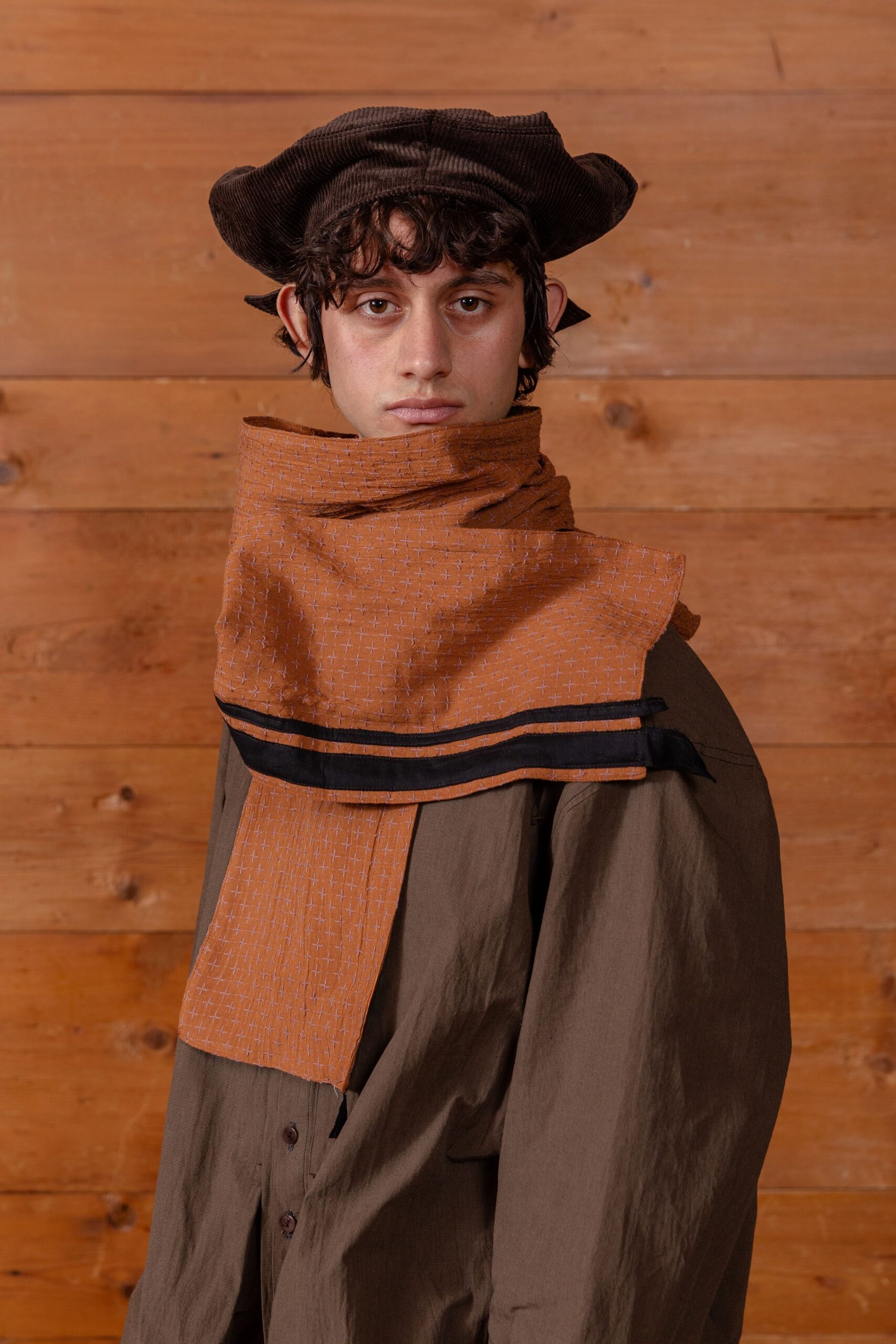 brown relaxed shirt with scarf and hat