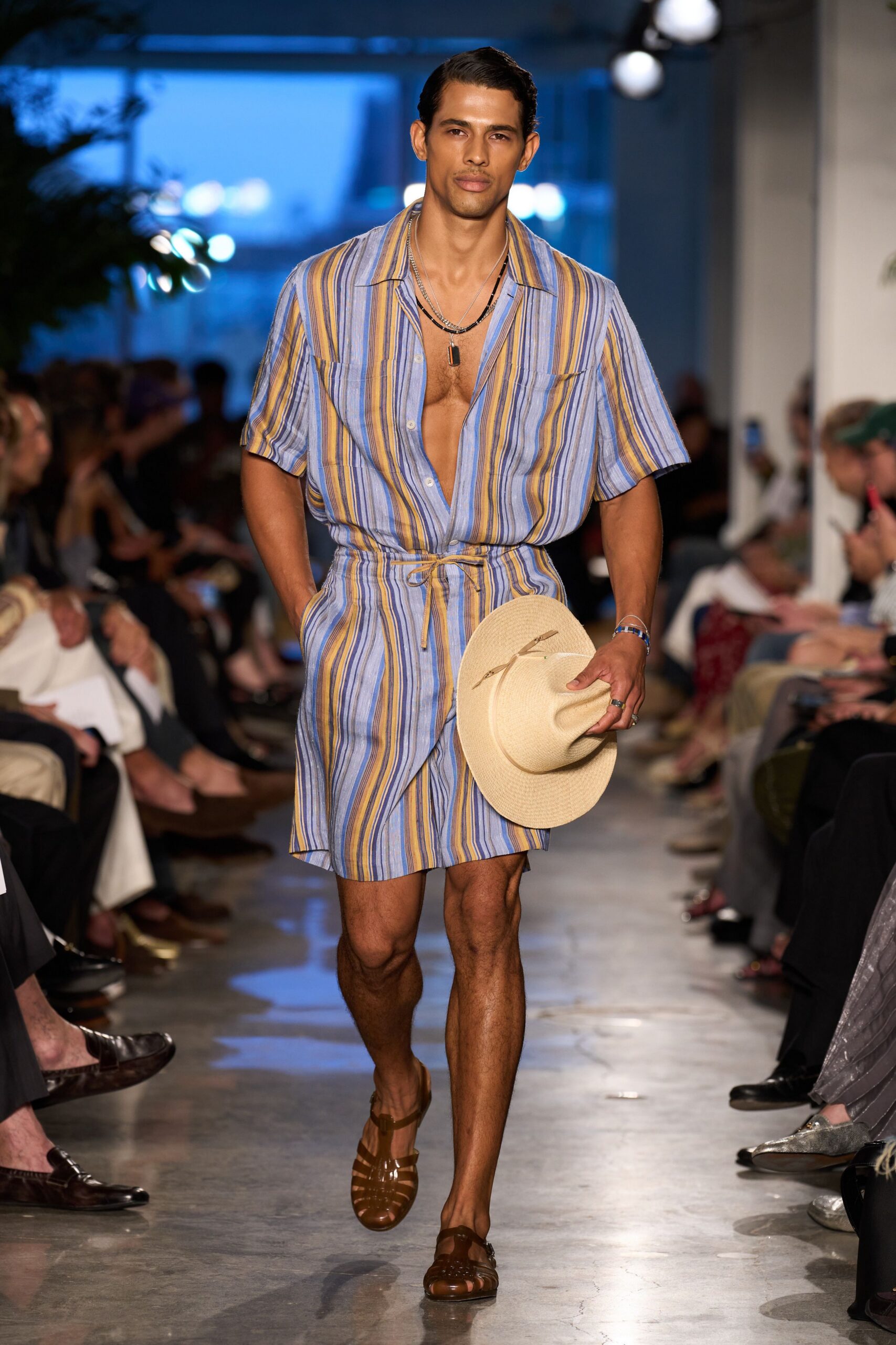 blue cotton short-sleeve v-neck relaxed striped belted shirt-dress