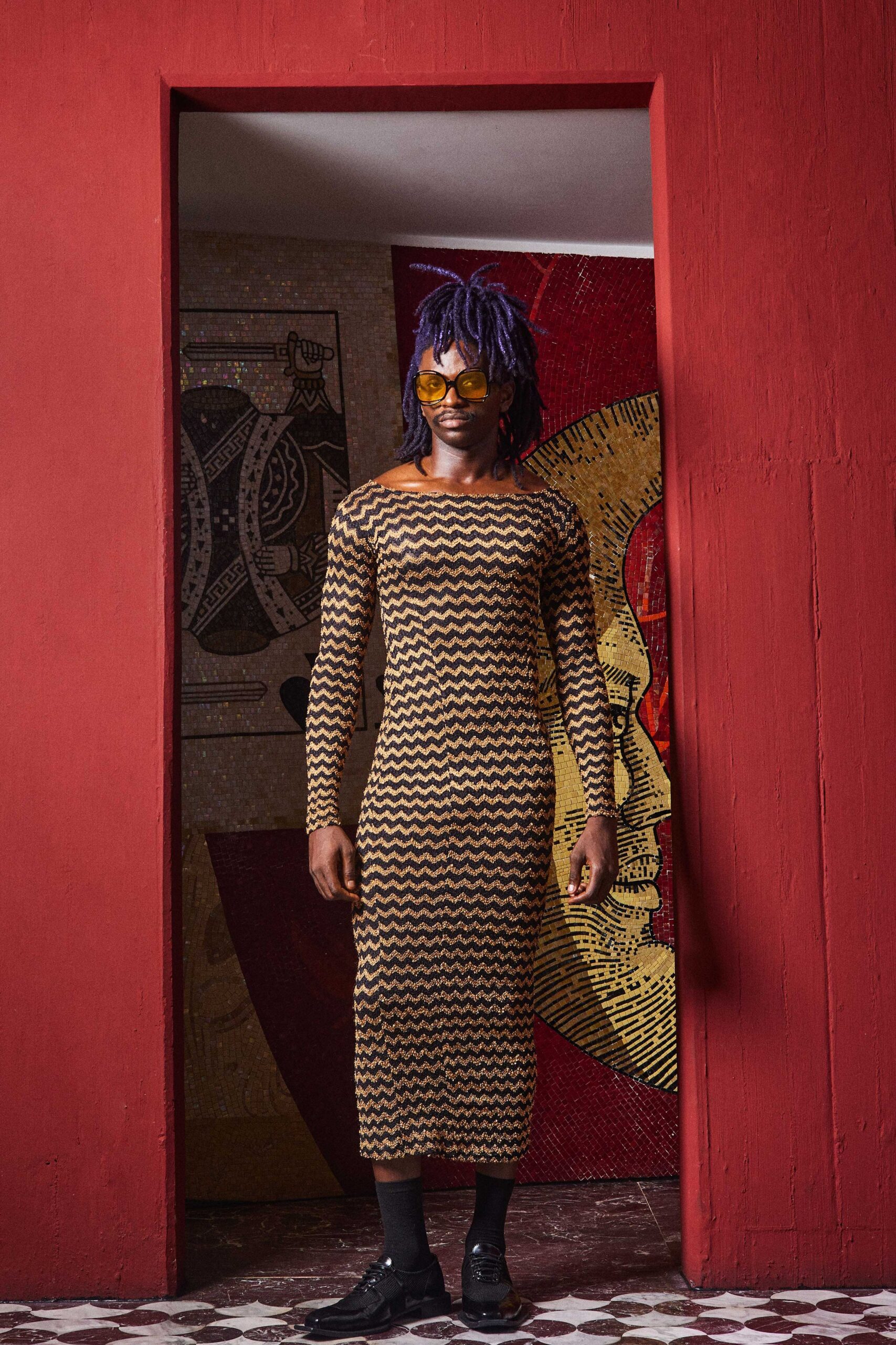 brown yellow zigzag midi dress