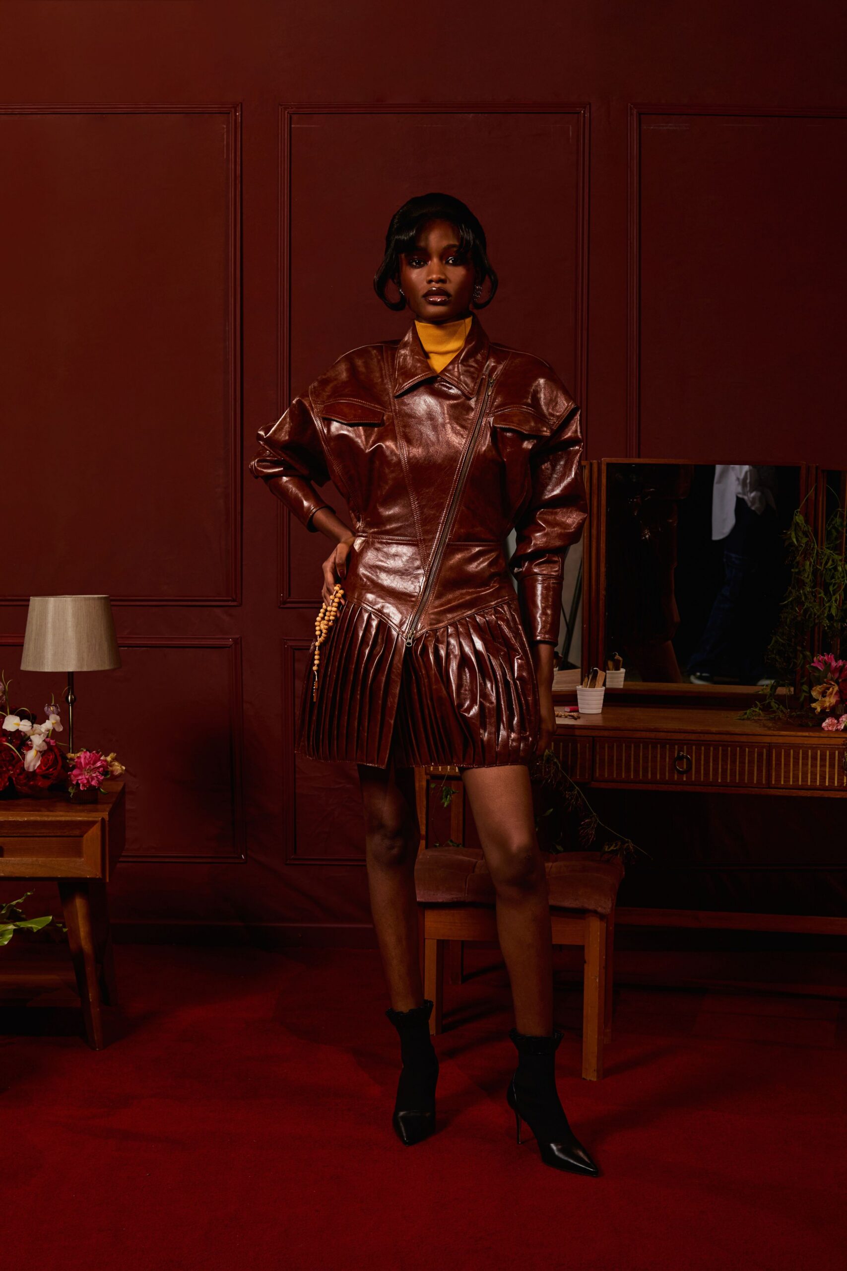 brown leather long-sleeve collared fitted pleated jacket