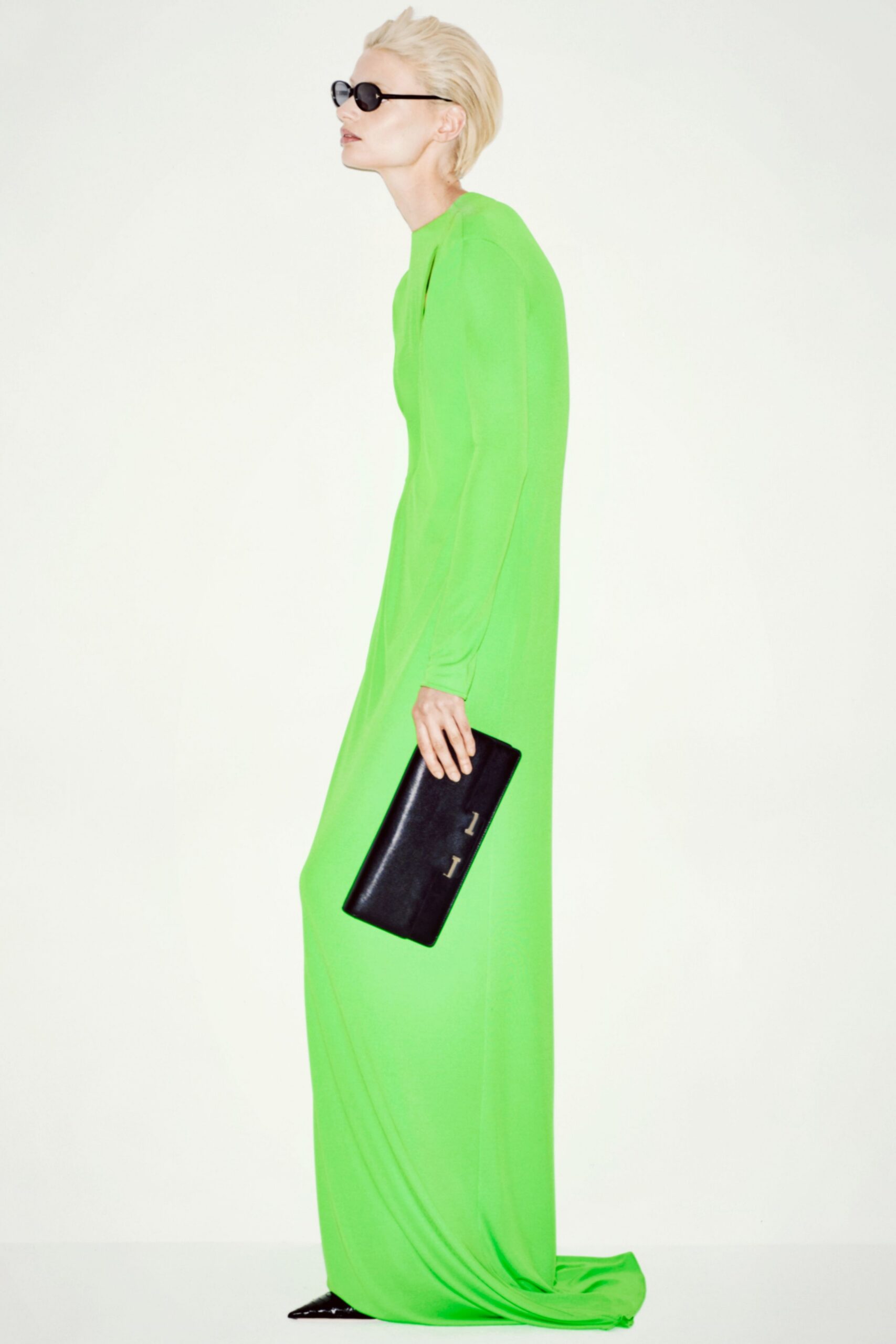 green jersey long-sleeve high-neck fitted straight-leg maxi gown