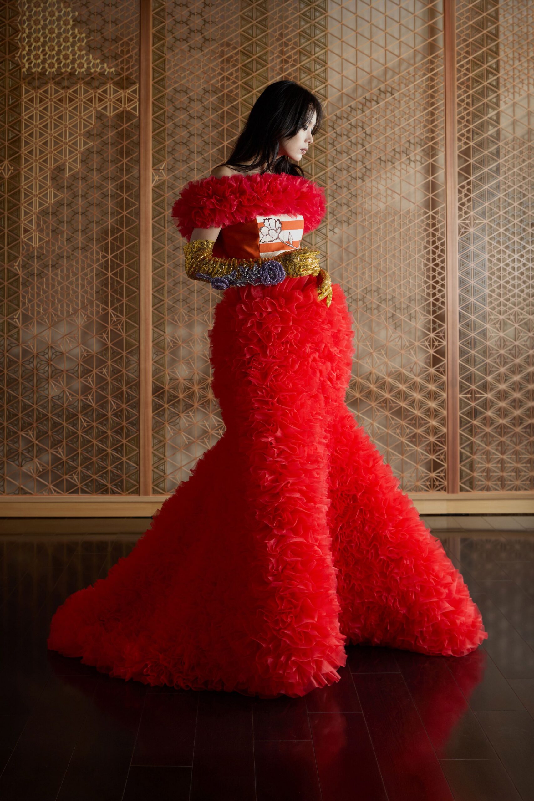 red ruffled off-shoulder gown