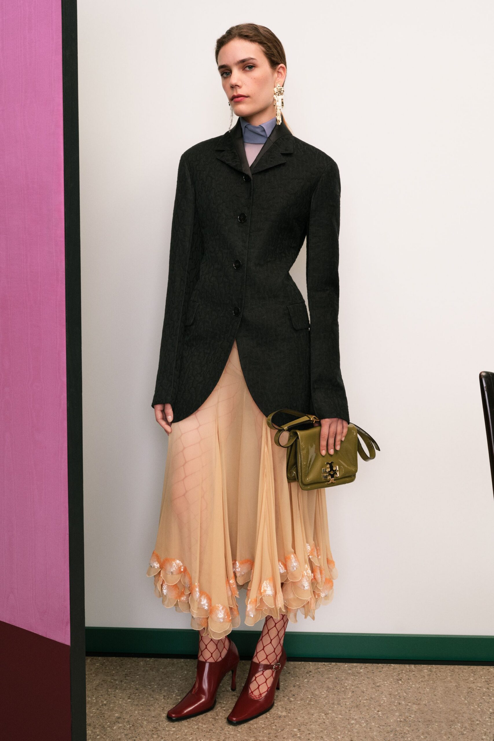 beige silk long-sleeve fitted pleated embroidered midi skirt