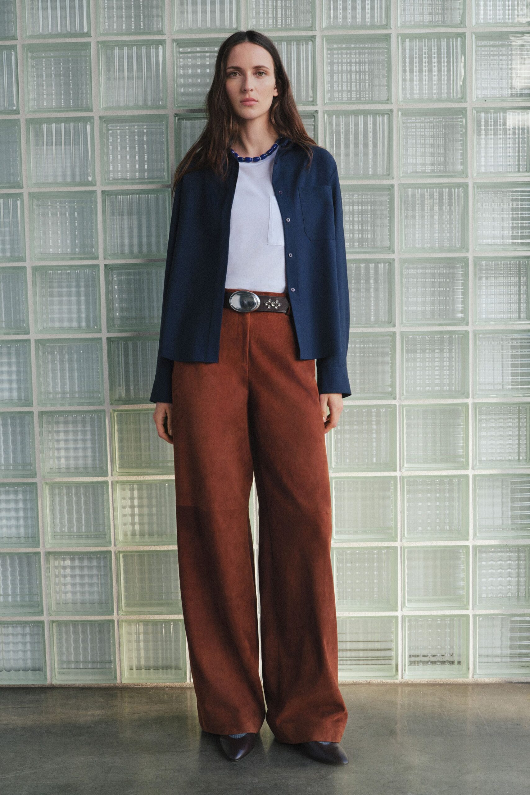 brown suede relaxed wide-leg pants